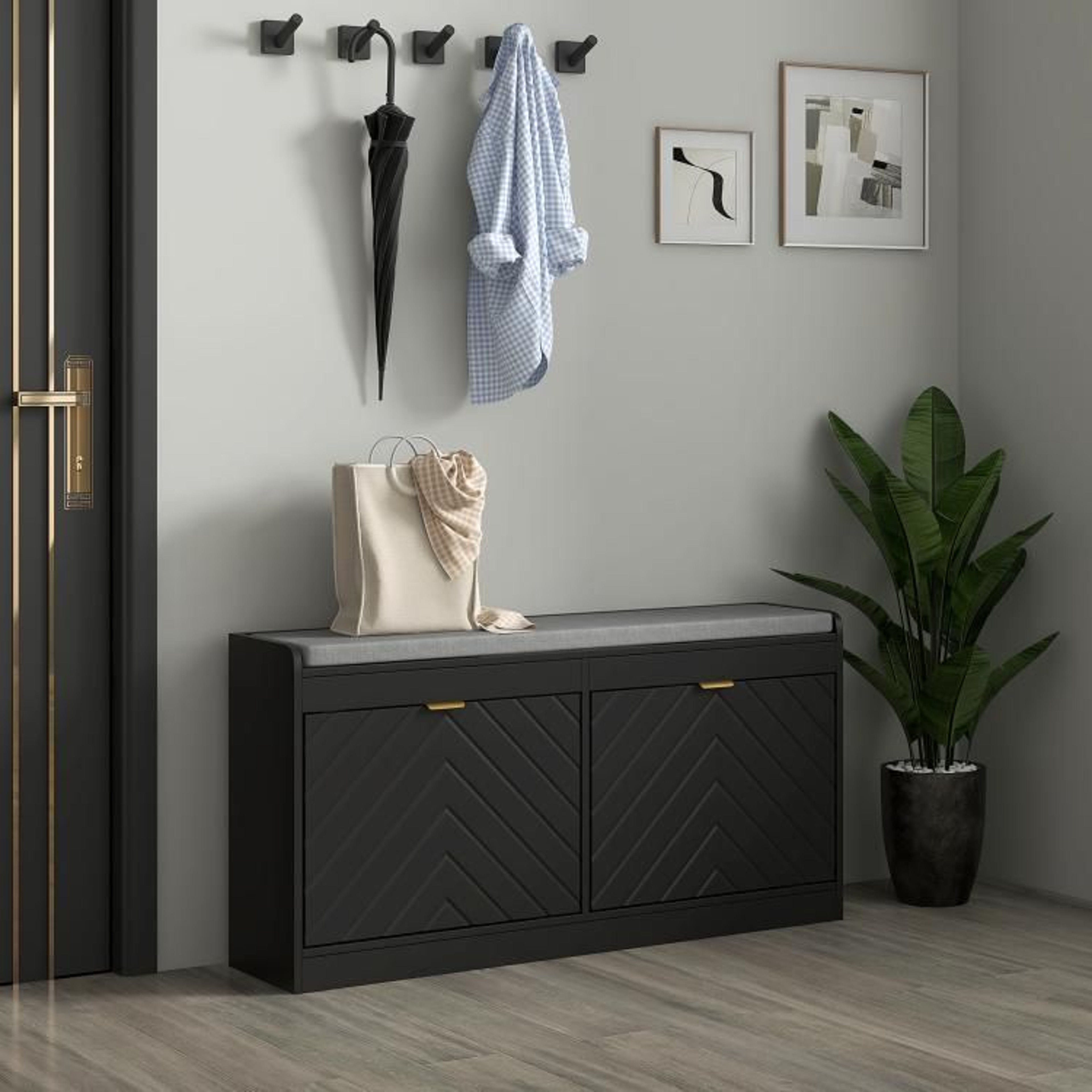 Narrow Shoe Storage Bench With Padded Seat And 2 Flip Drawers 4