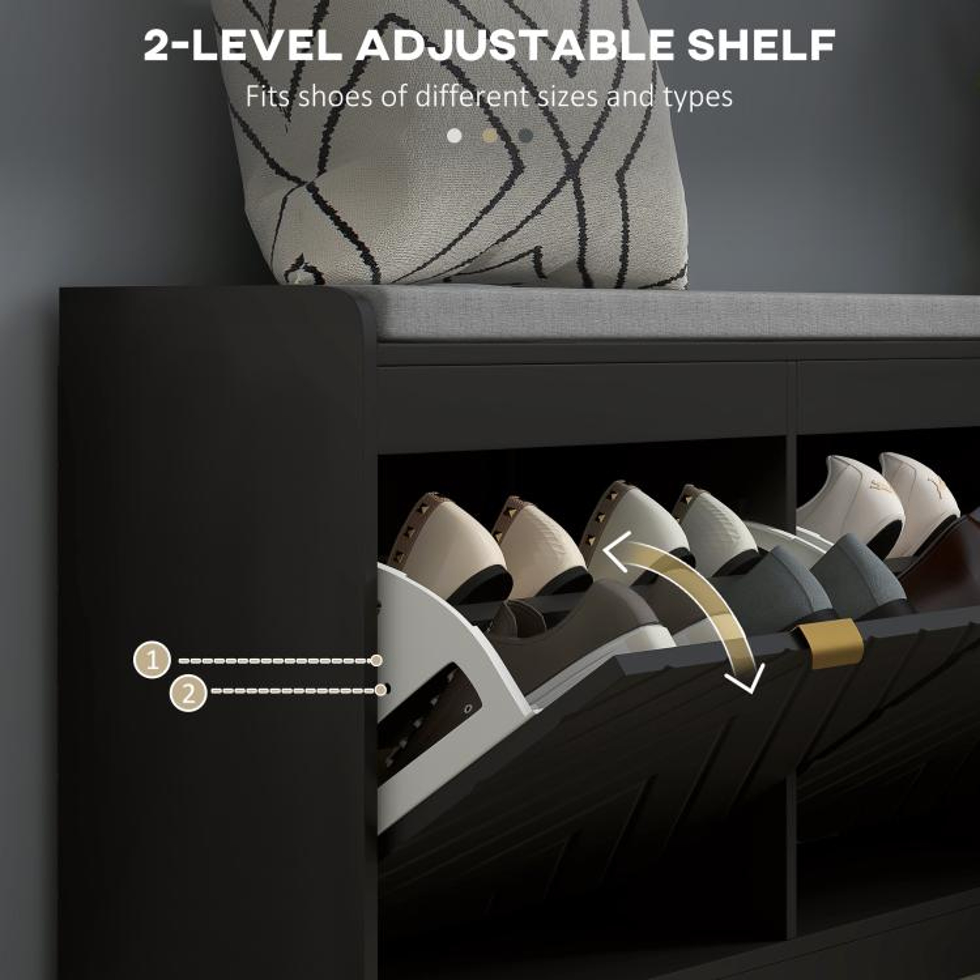 Narrow Shoe Storage Bench With Padded Seat And 2 Flip Drawers 0