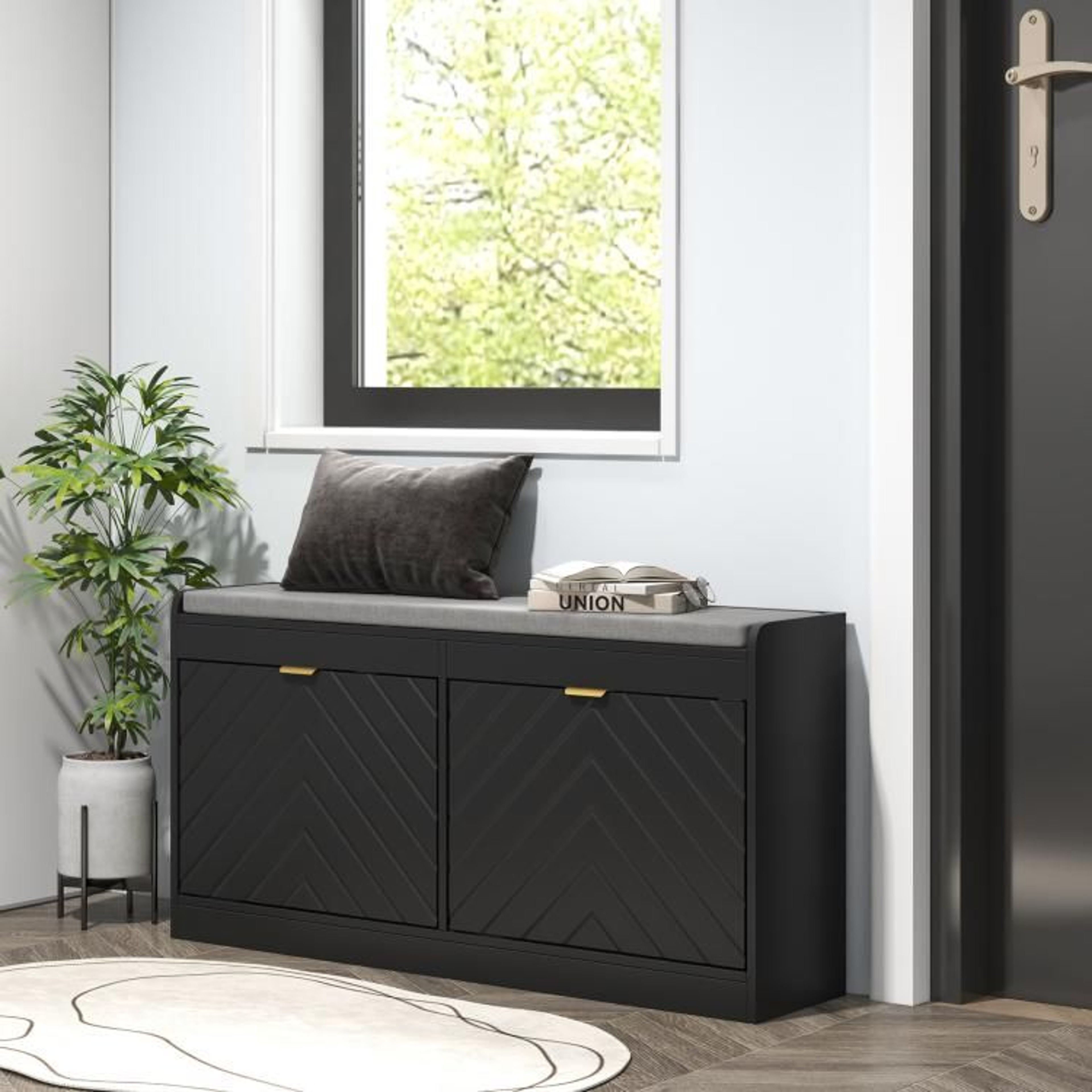 Narrow Shoe Storage Bench With Padded Seat And 2 Flip Drawers 3