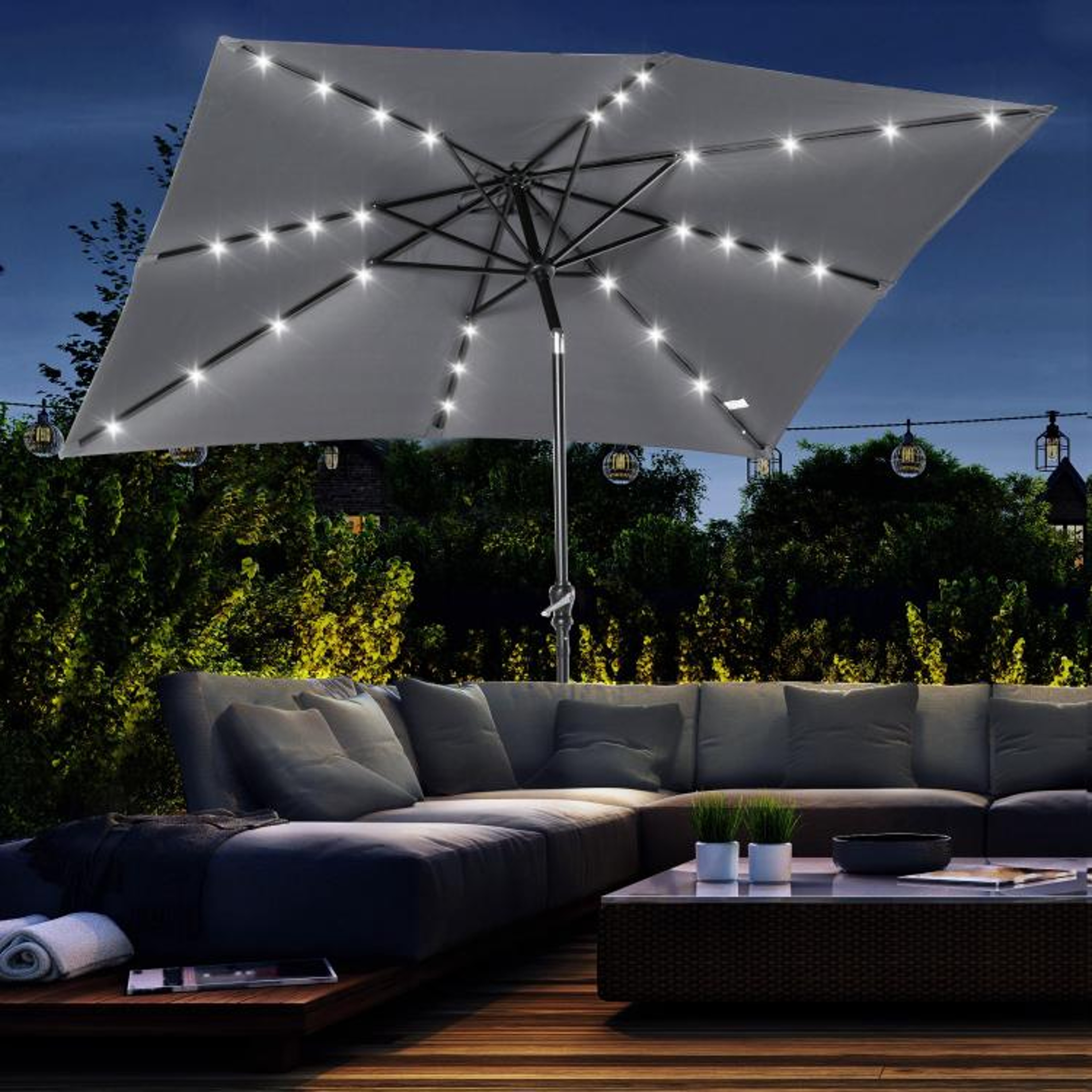 9 X 7 Ft Solar LED Patio Umbrella With Tilt And Crank  Gray 0