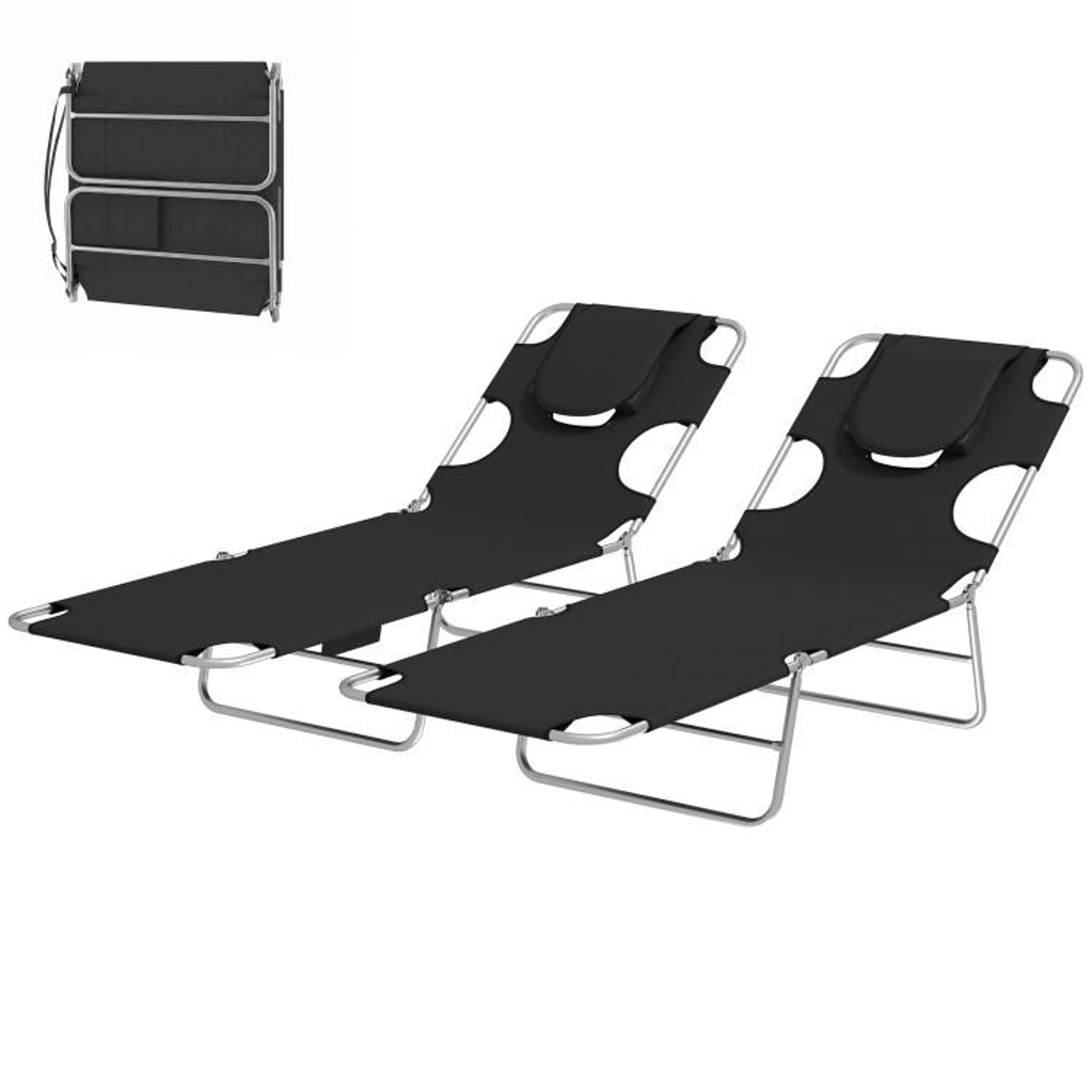 Set Of 2 Folding Tanning Lounge Chairs With Face Hole And 5 Adjustable Positions  Black 2