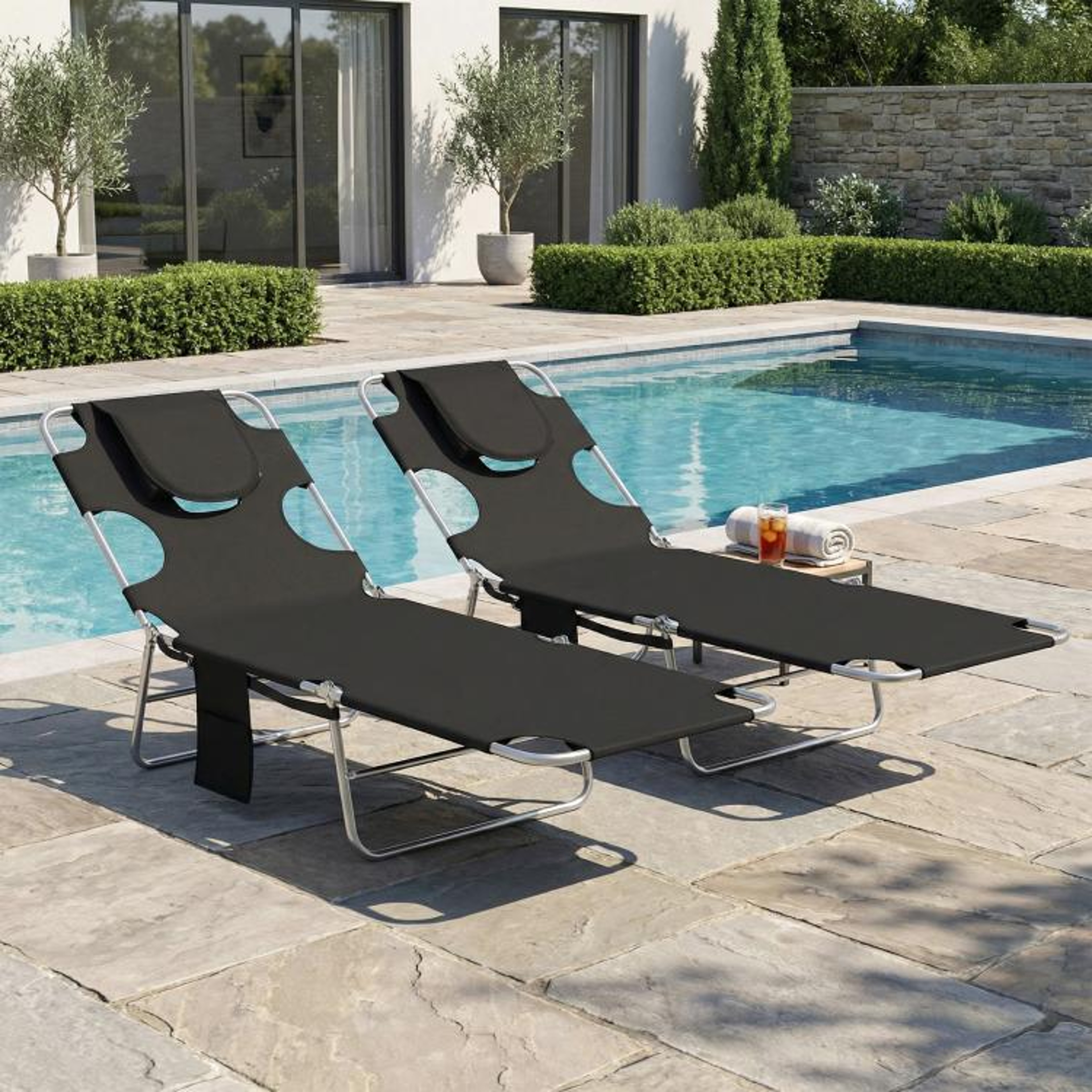 Set Of 2 Folding Tanning Lounge Chairs With Face Hole And 5 Adjustable Positions  Black 0