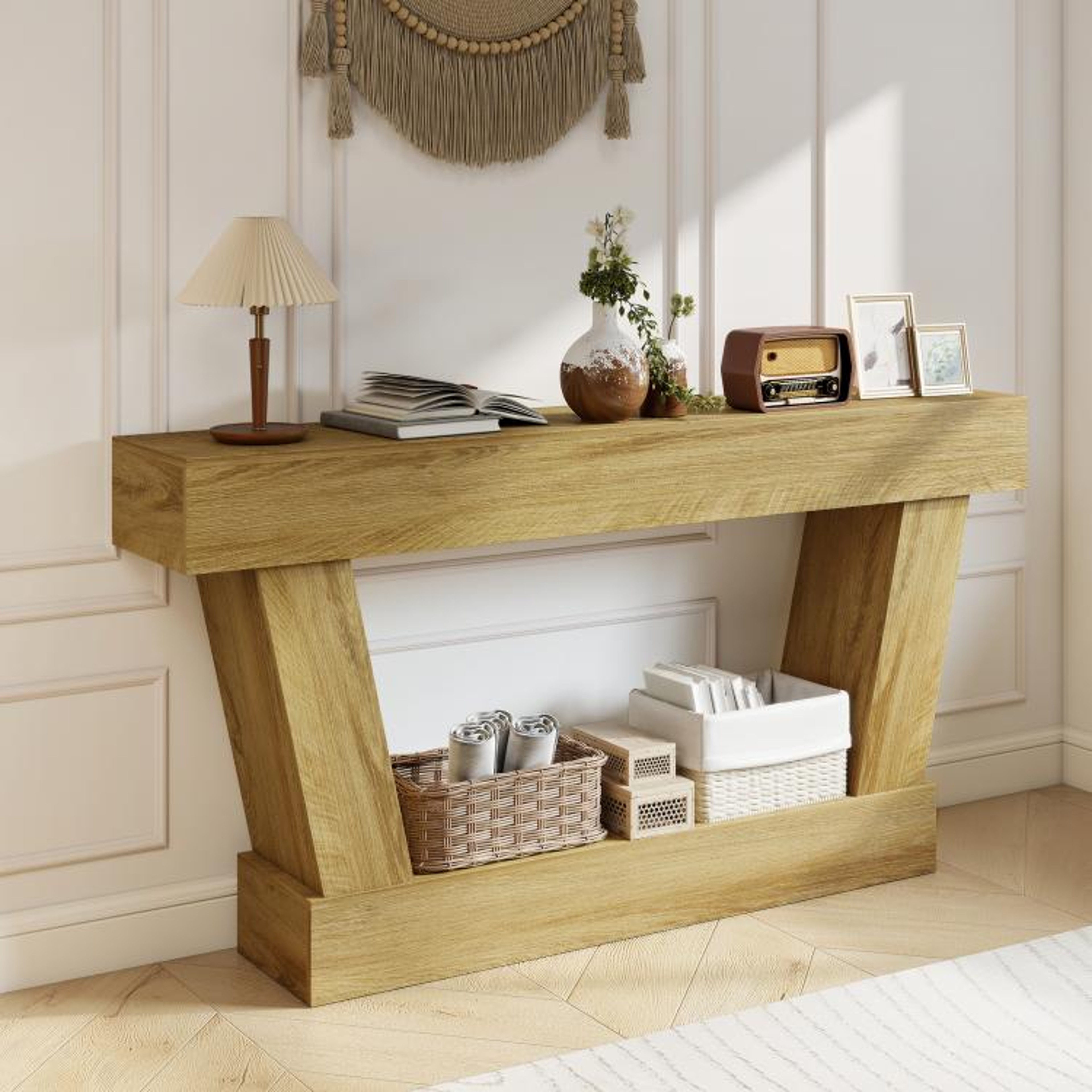 63Inch Vintage Console Table With Open Storage Shelf  Distressed Oak Finish 2