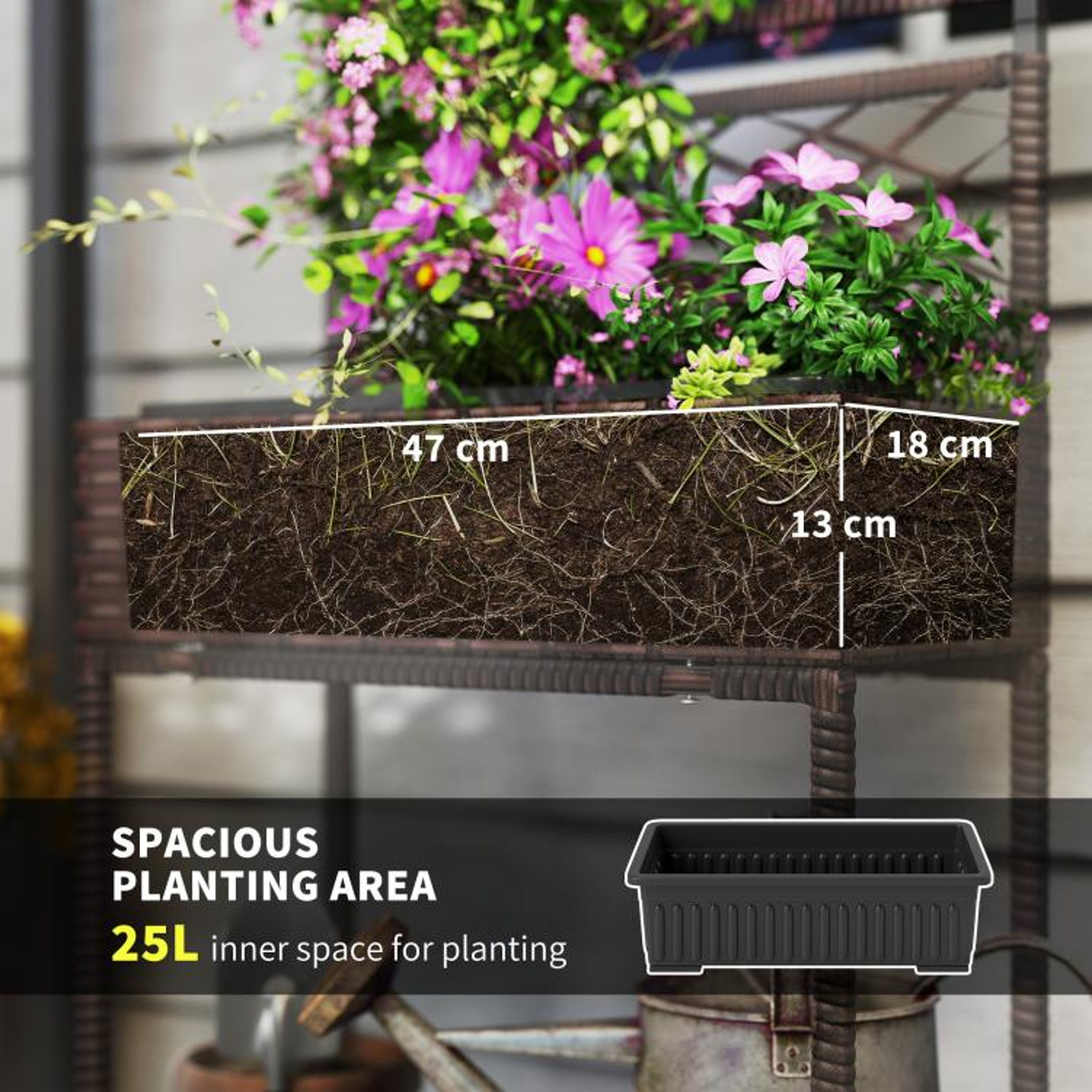 Outdoor Wicker Planter With Trellis And Storage Shelf  Brown Rattan Raised Garden Bed 3