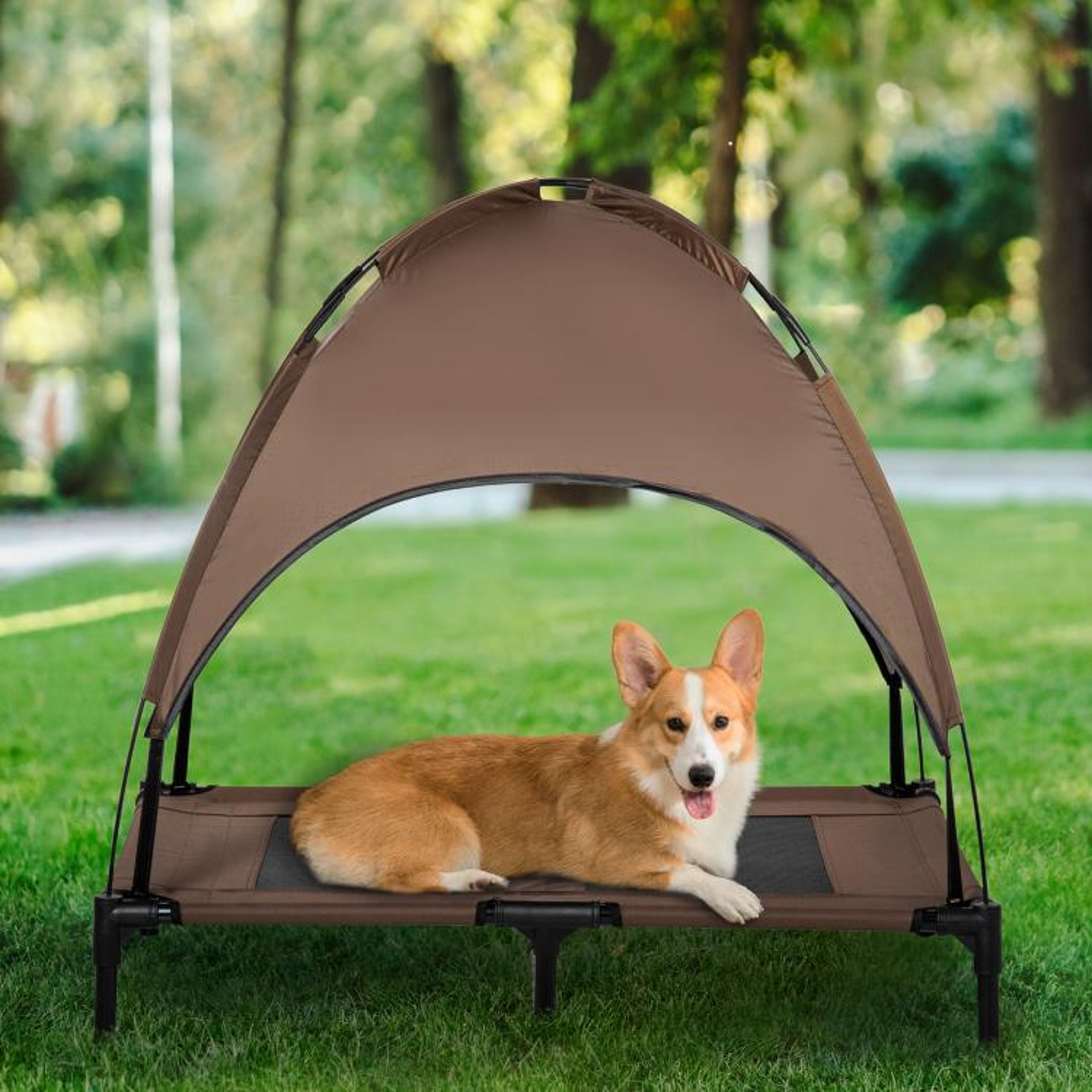 Elevated Dog Bed With UV Protection Canopy And Portable Mesh Cot 36 Inch Coffee 3
