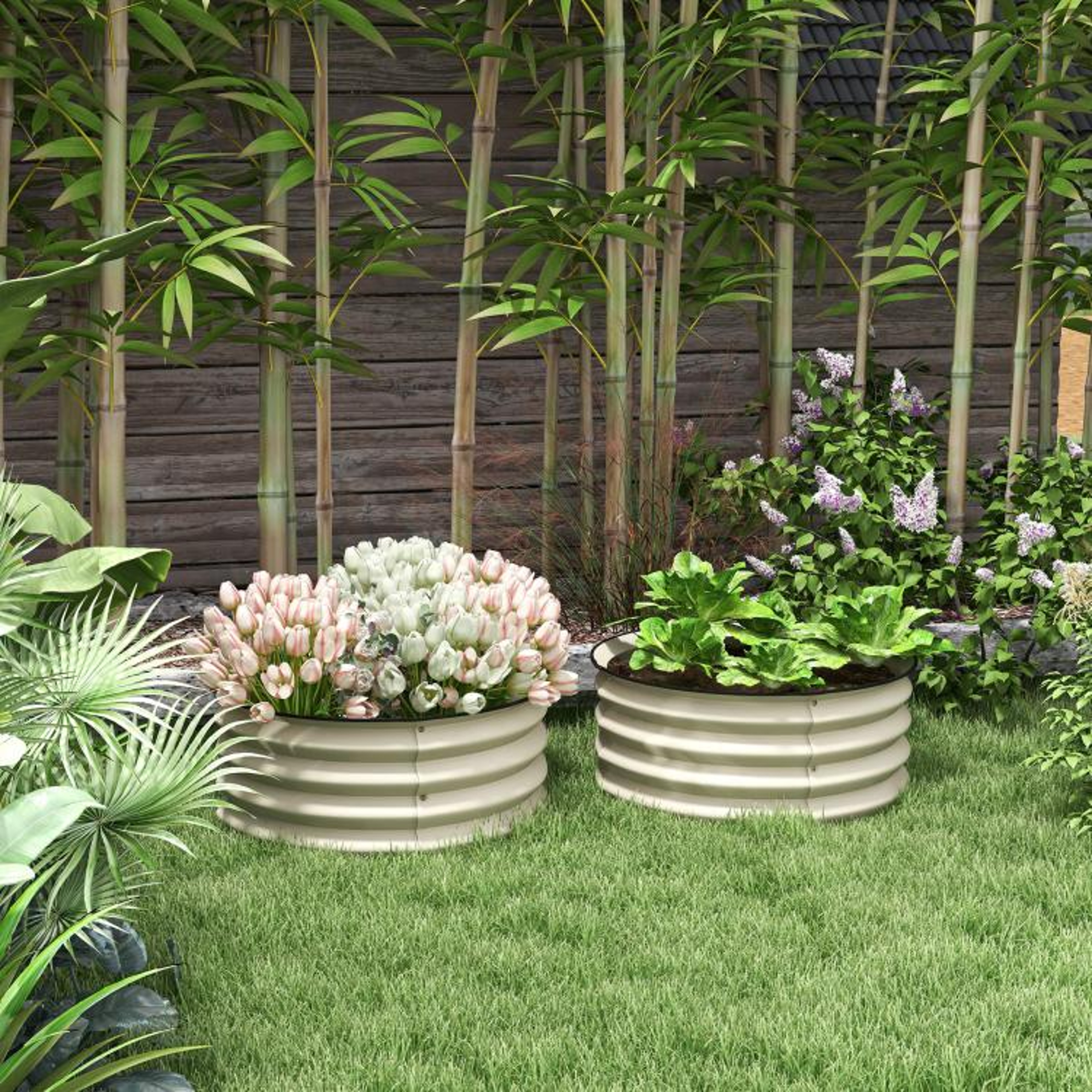 Set Of 2 Galvanized Metal Raised Garden Beds With Safety Edging  Cream 5