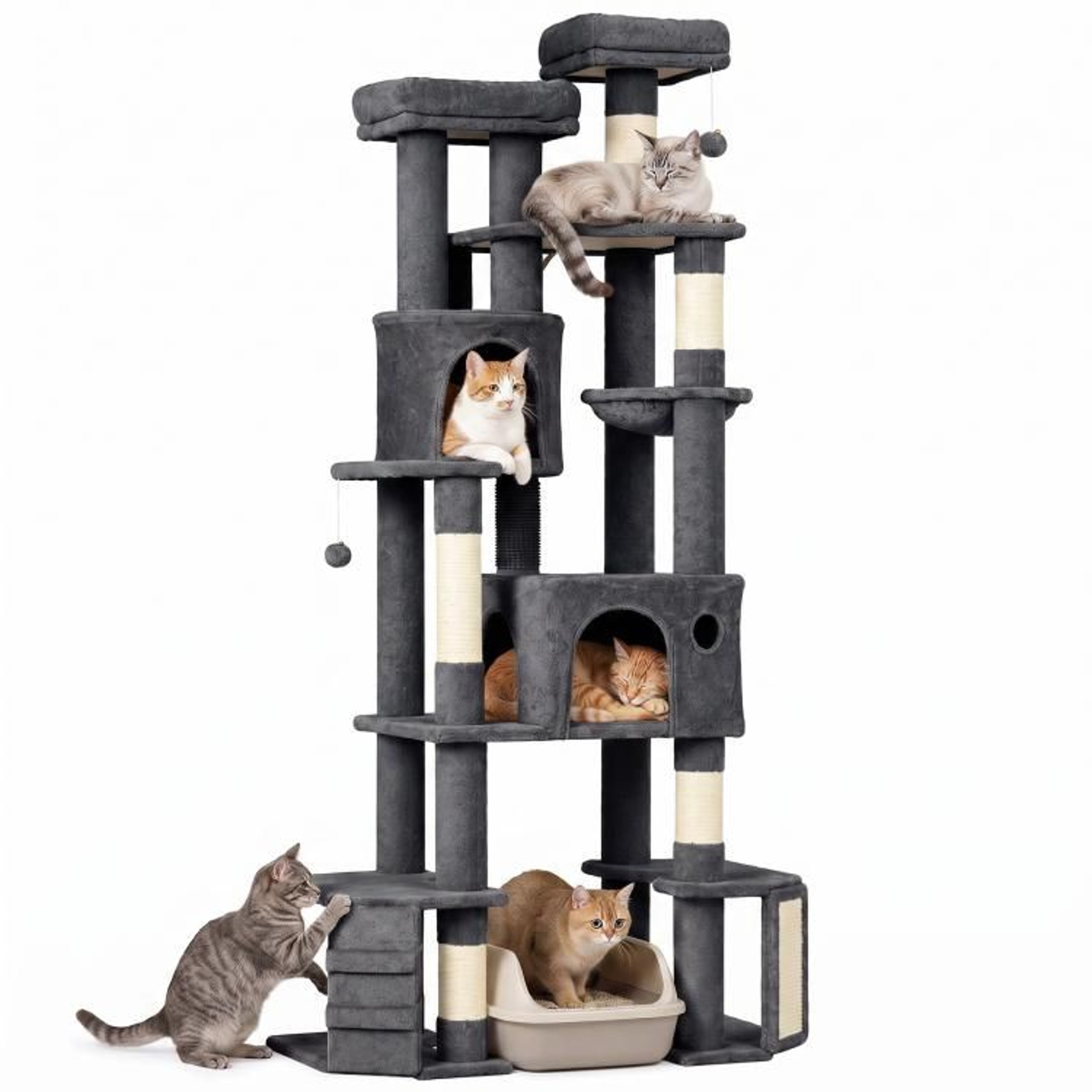 79Inch Large Cat Tree Tower With Dual Base And Cat Condos Dark Gray 0