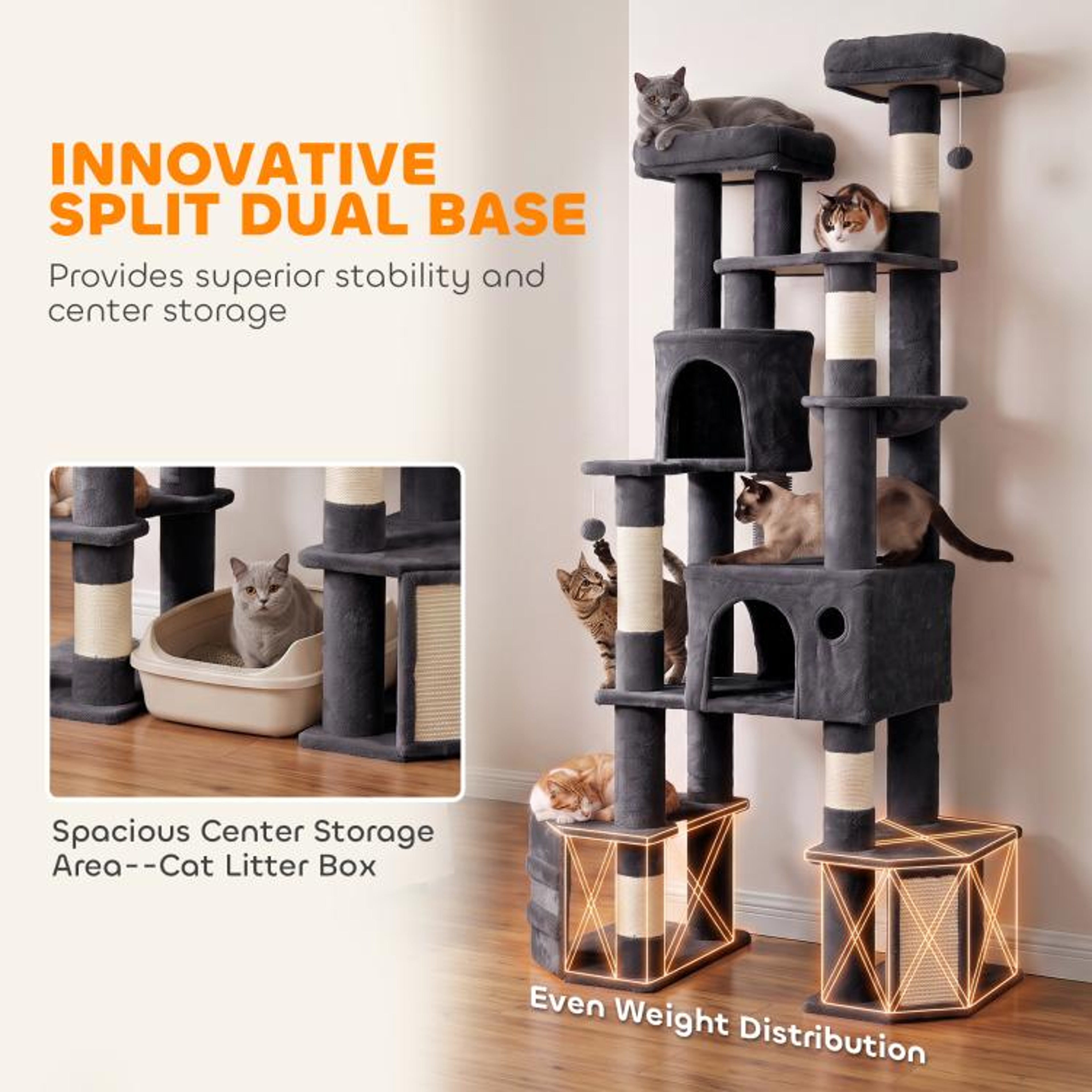79Inch Large Cat Tree Tower With Dual Base And Cat Condos Dark Gray 5