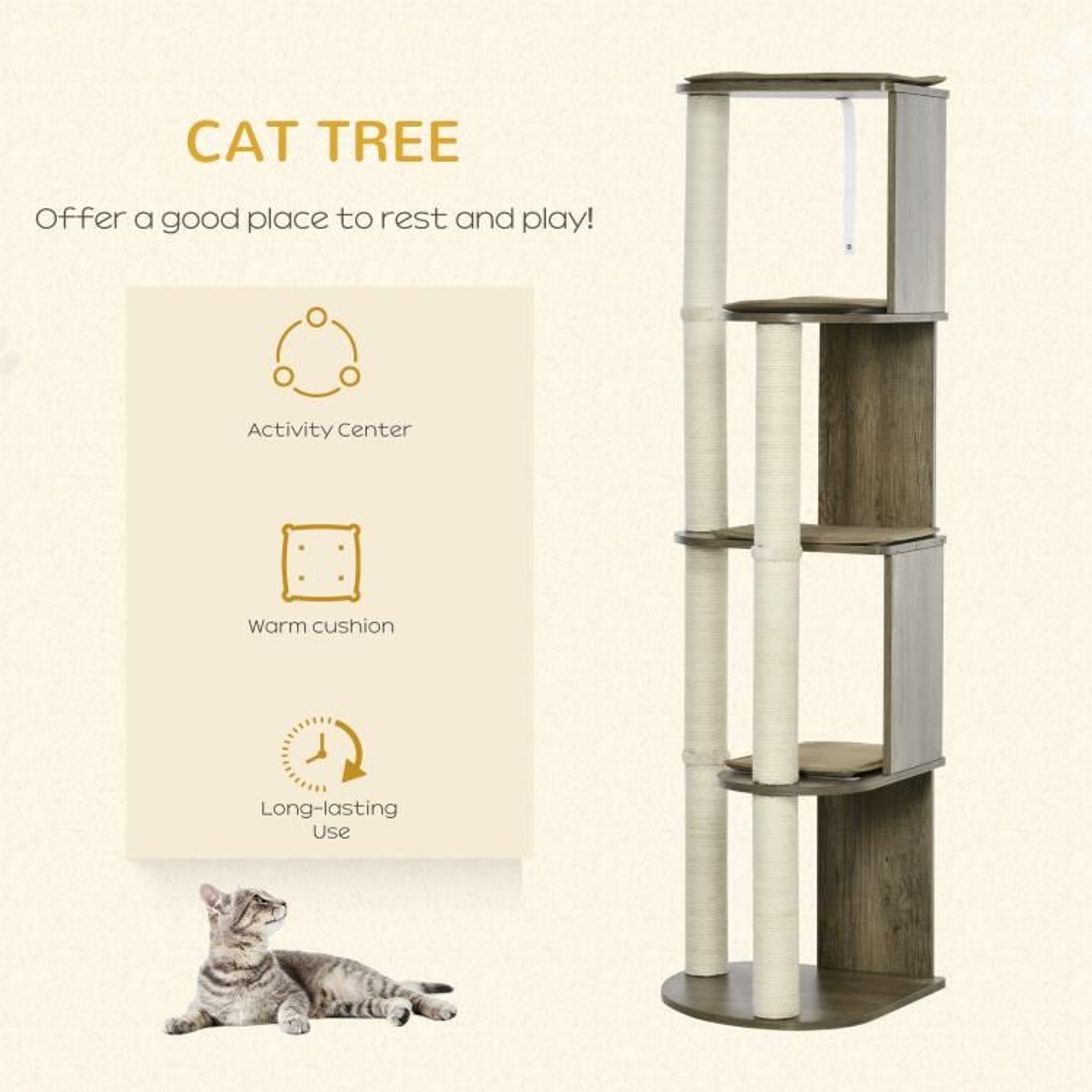65 Inch Corner Cat Tree Tower With Padded Perches And Scratching Posts Cream White 5