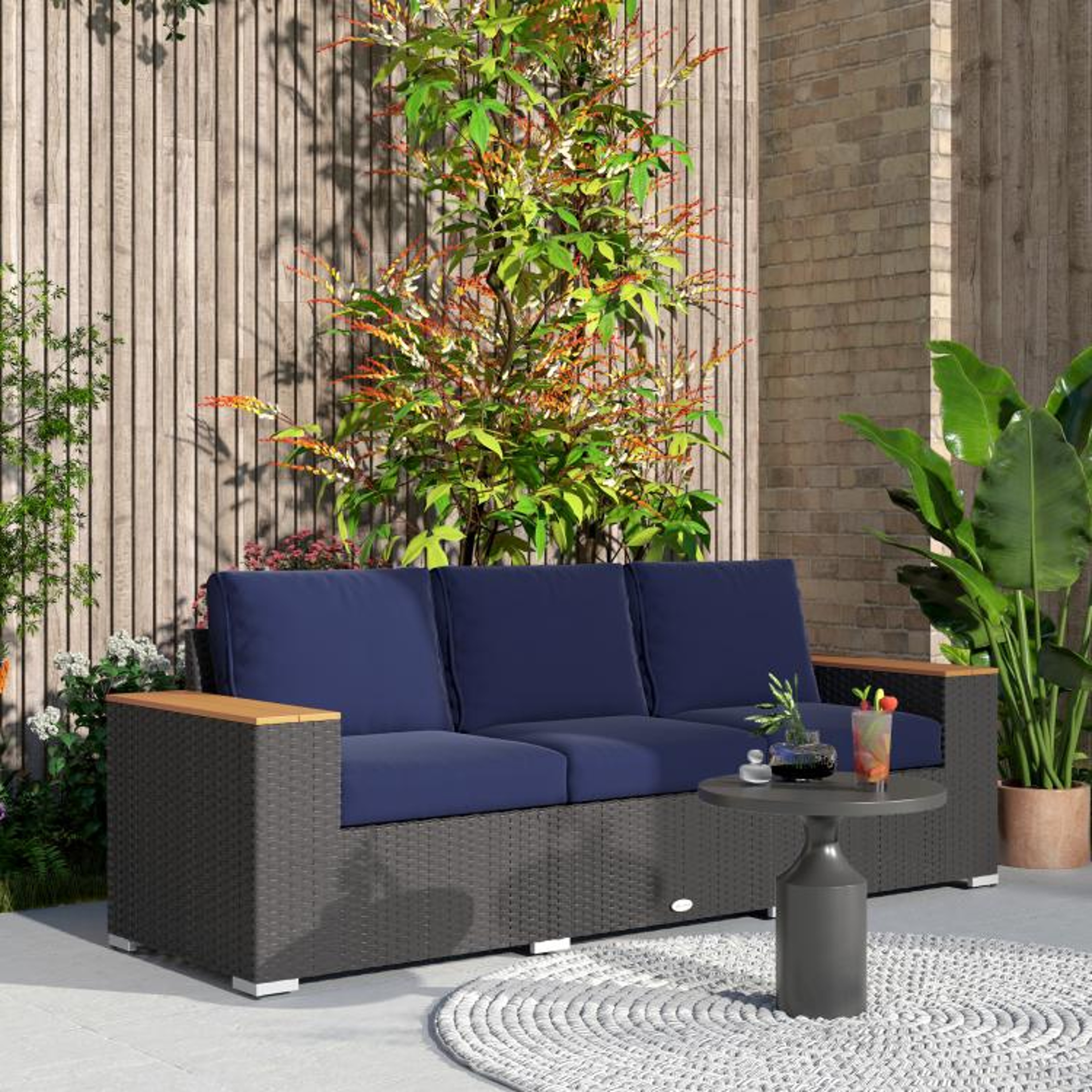 3Seat Outdoor Patio Sofa With Deep Seating And Navy Blue Cushions 4