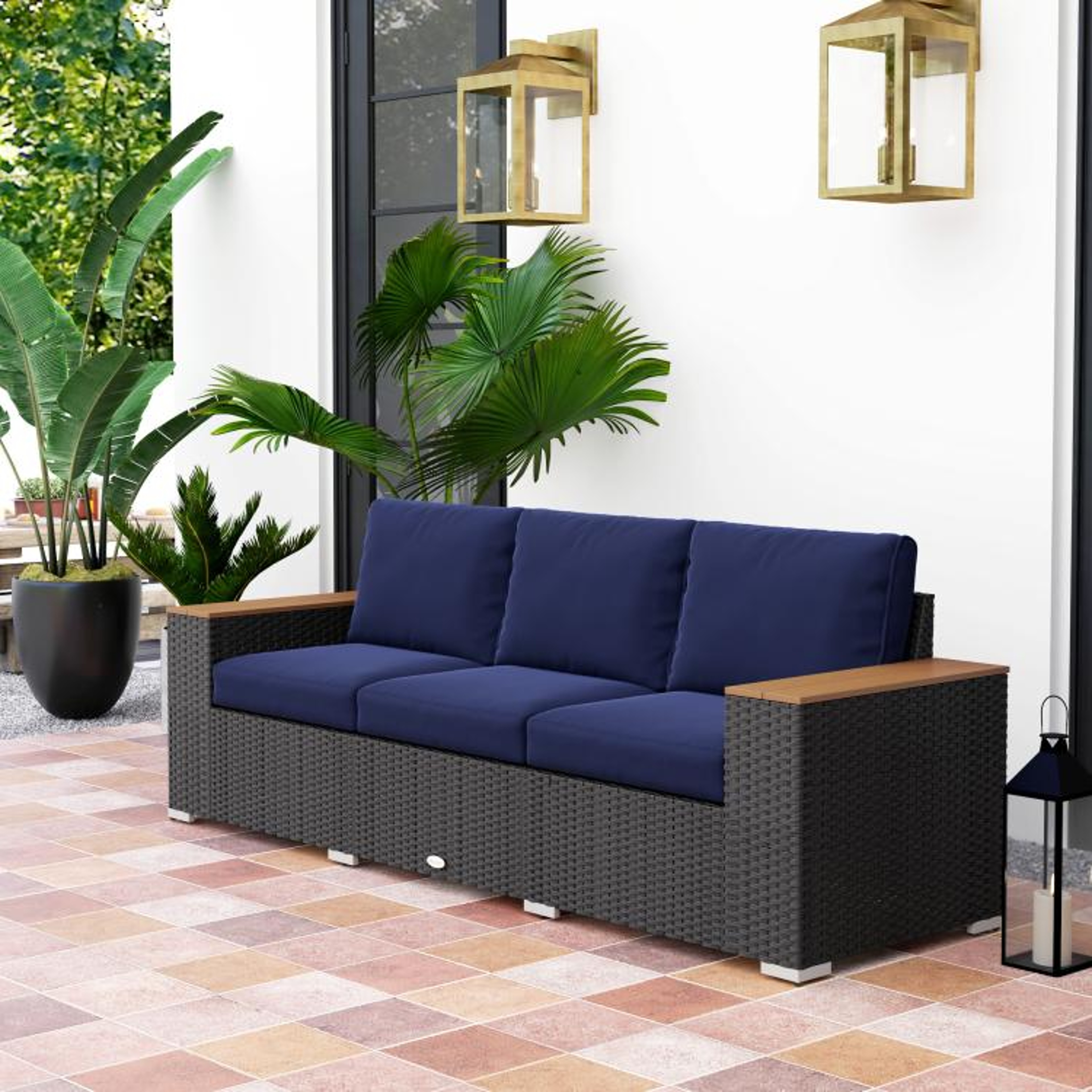 3Seat Outdoor Patio Sofa With Deep Seating And Navy Blue Cushions 2
