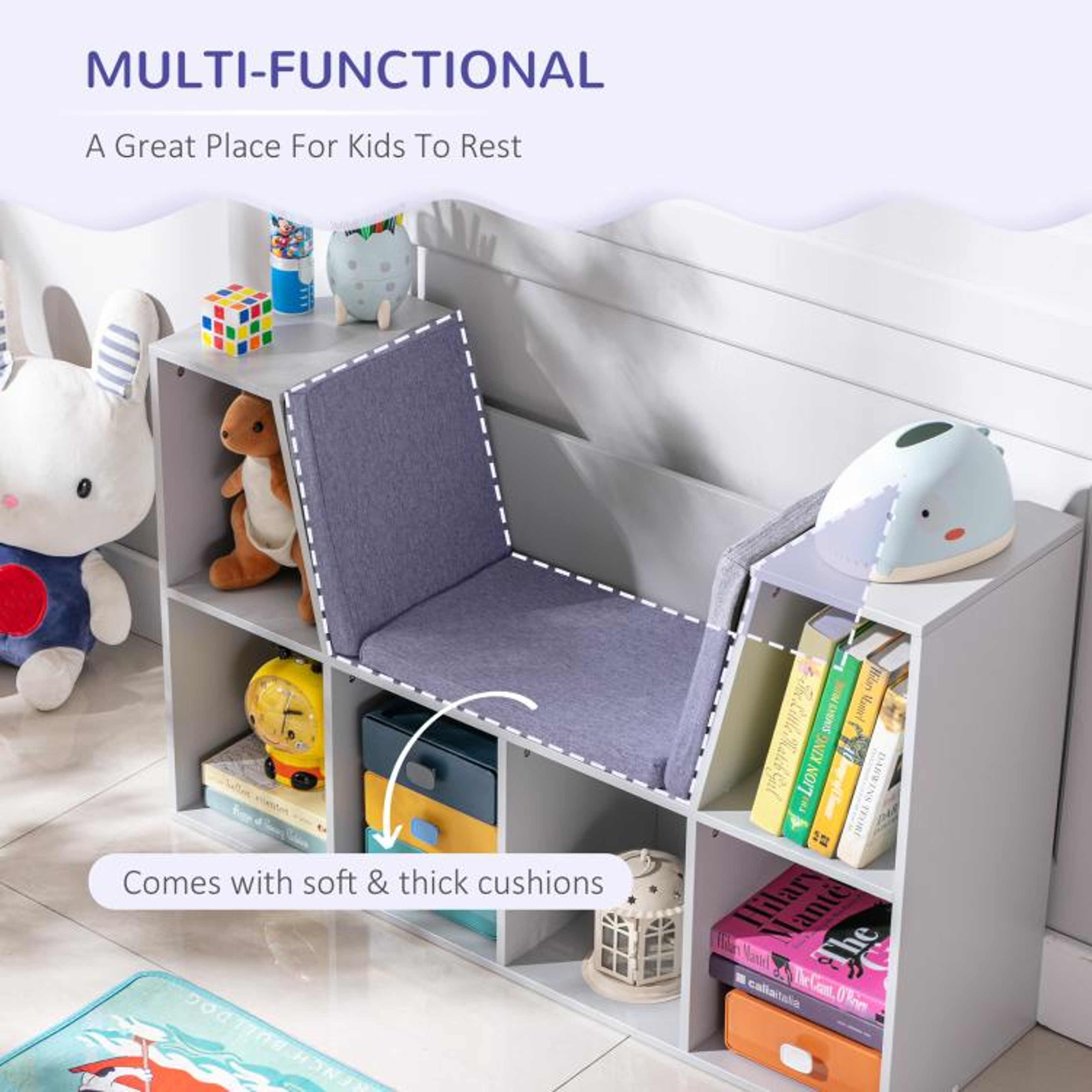 6Cubby Kids Bookcase With Cushioned Reading Nook And Storage Bench  Grey 2