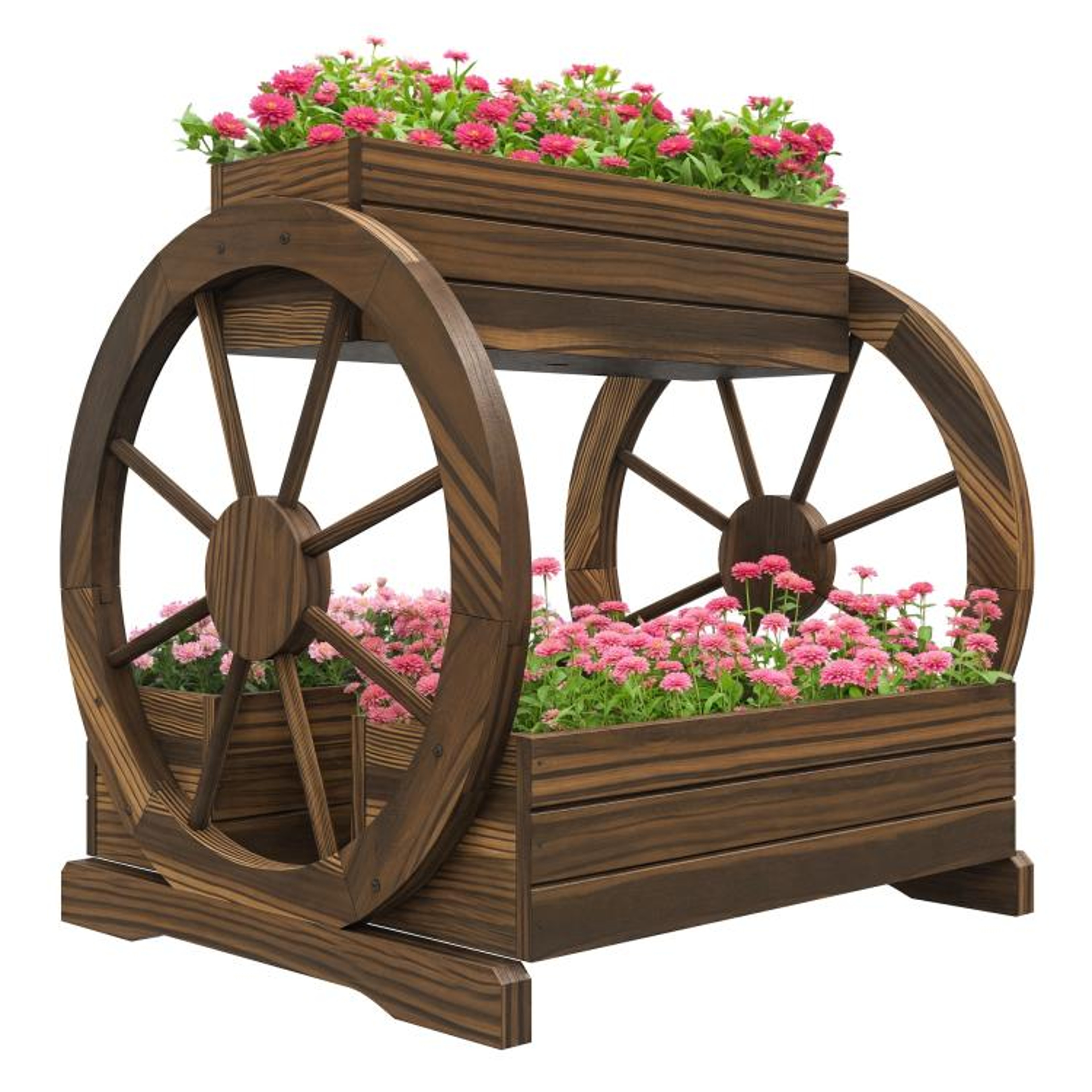 3Tier Wooden Wagon Planter Box With Raised Garden Beds And Decorative Wheels 0