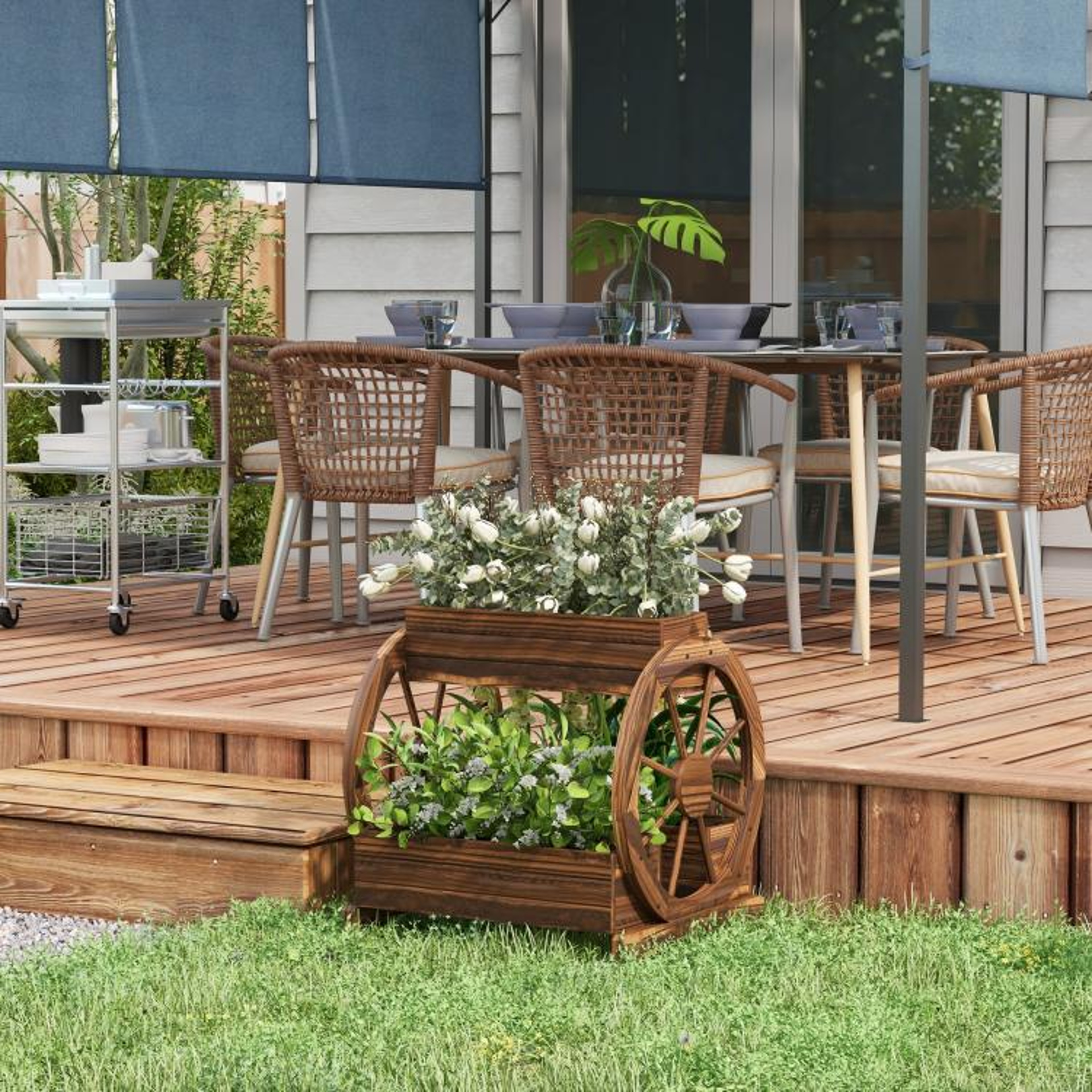 3Tier Wooden Wagon Planter Box With Raised Garden Beds And Decorative Wheels 4