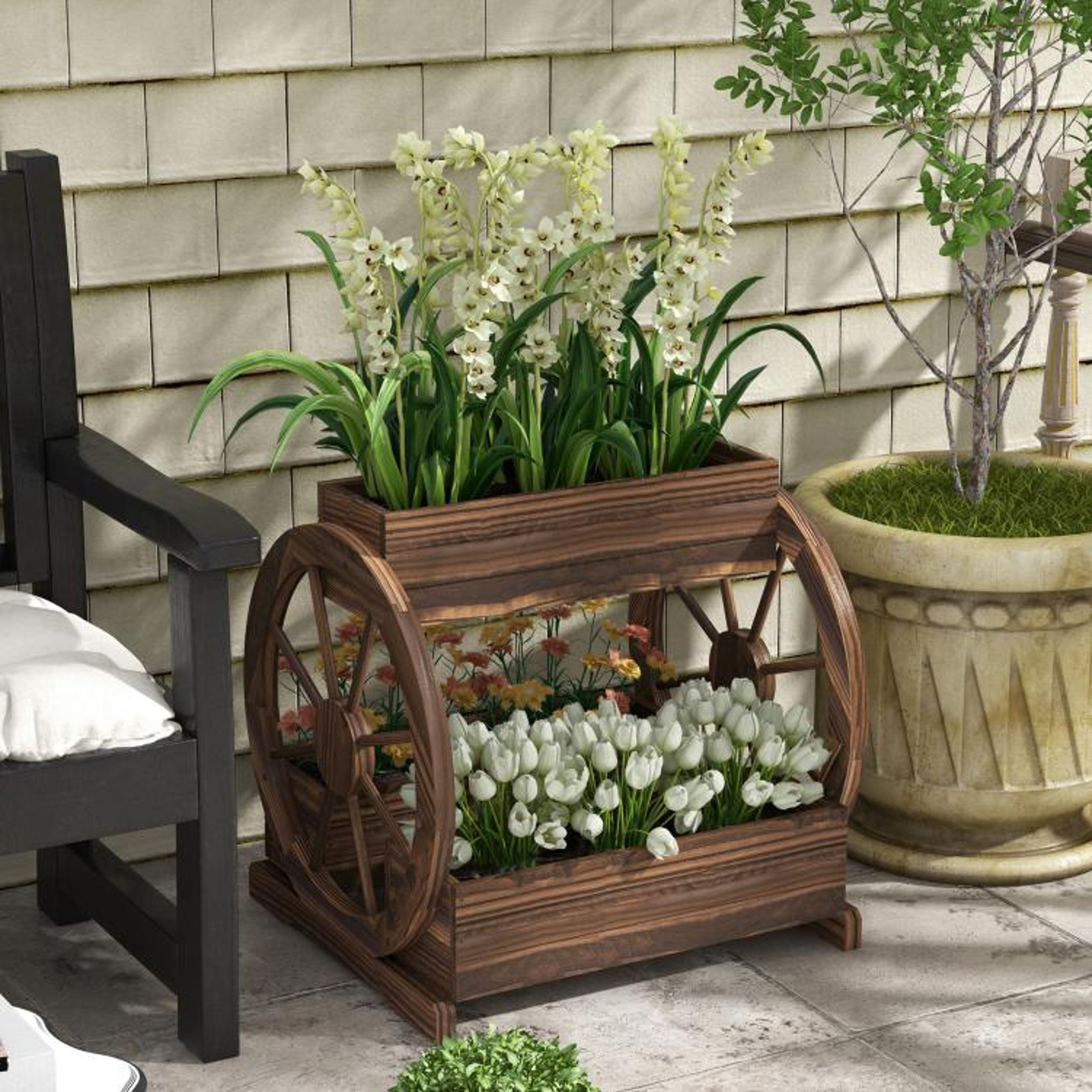 3Tier Wooden Wagon Planter Box With Raised Garden Beds And Decorative Wheels 2