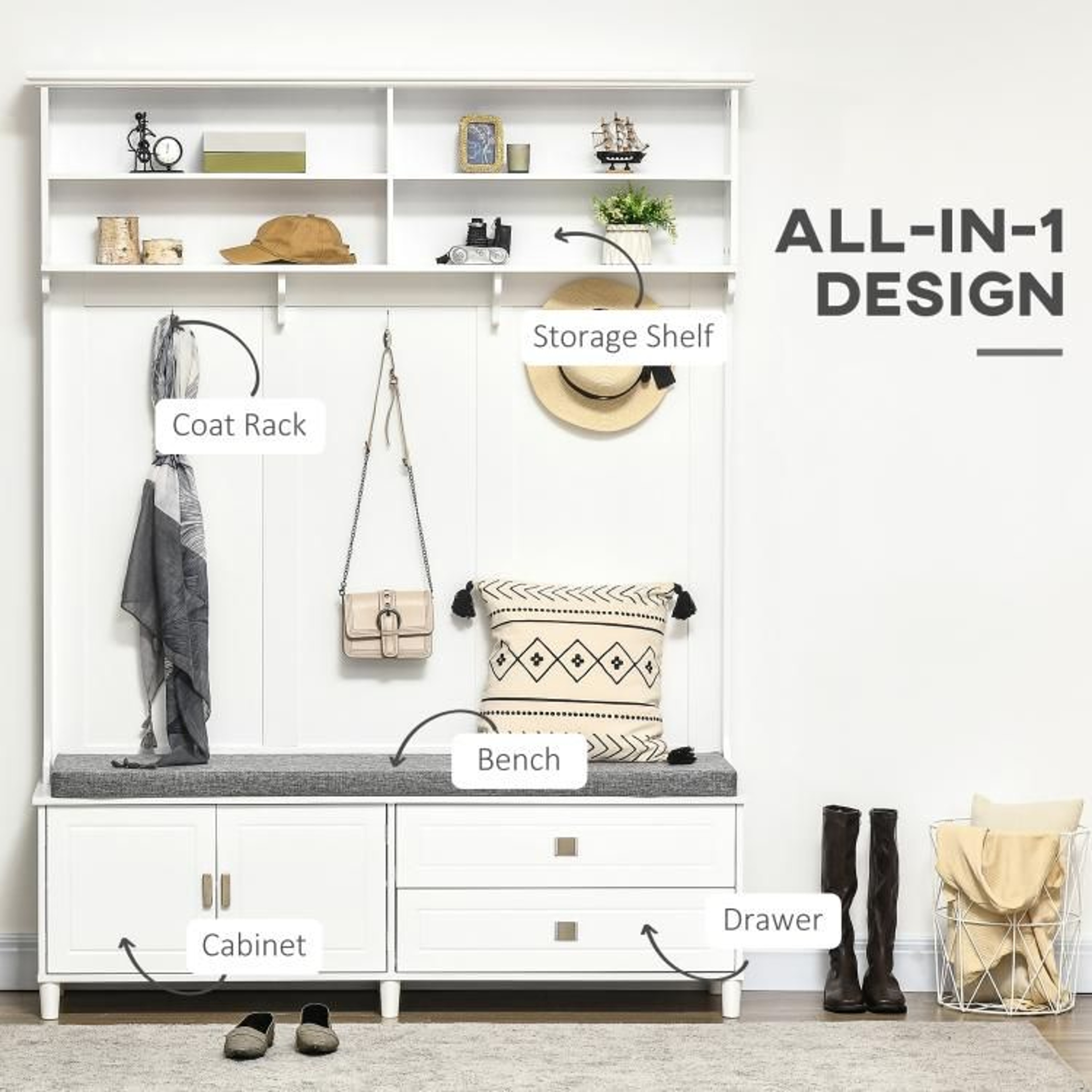 White Hall Tree With Storage Bench Coat Rack Drawers And Shelves 6