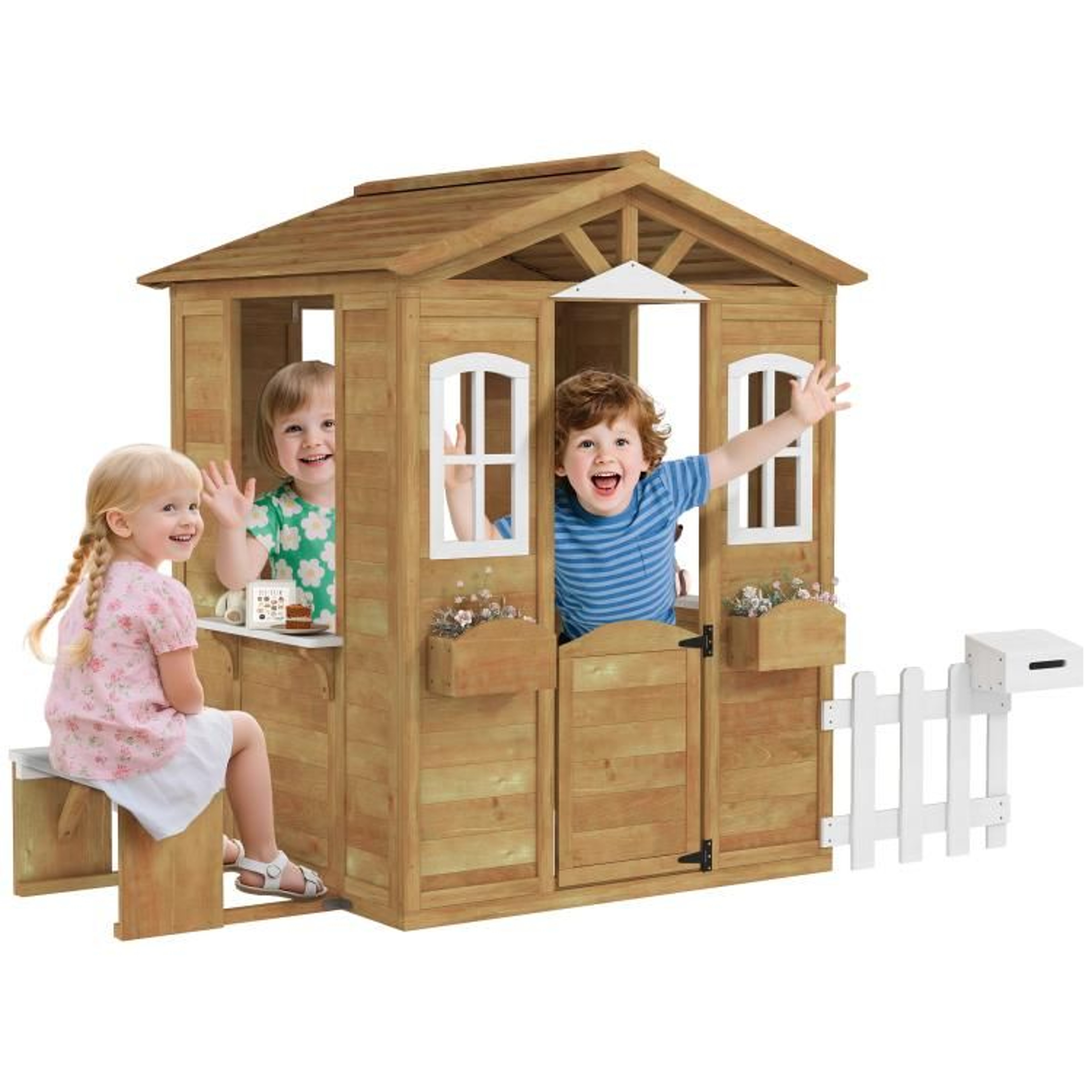 Outdoor Wooden Playhouse For Kids Ages 36 With Windows Mailbox And Bench 0