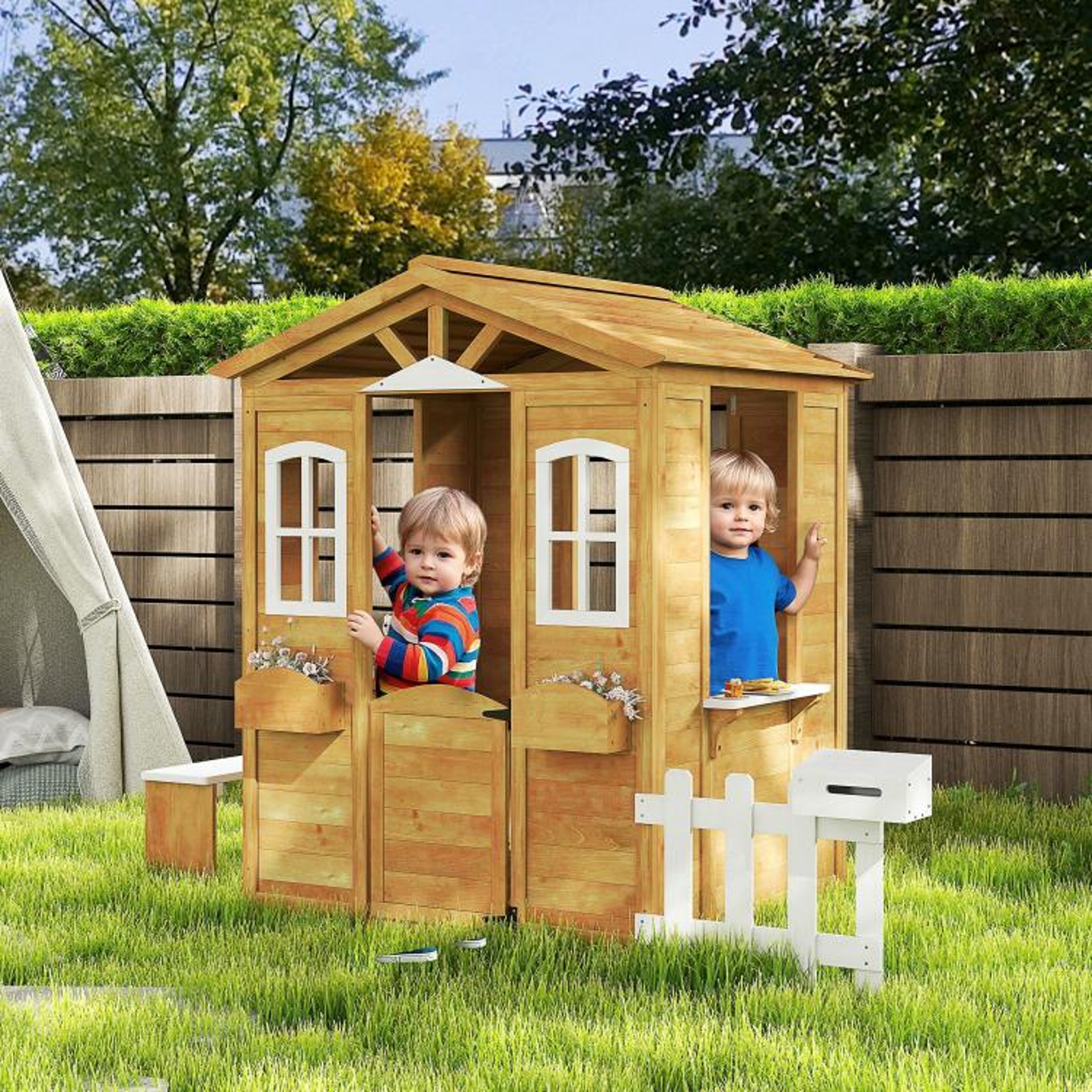 Outdoor Wooden Playhouse For Kids Ages 36 With Windows Mailbox And Bench 2