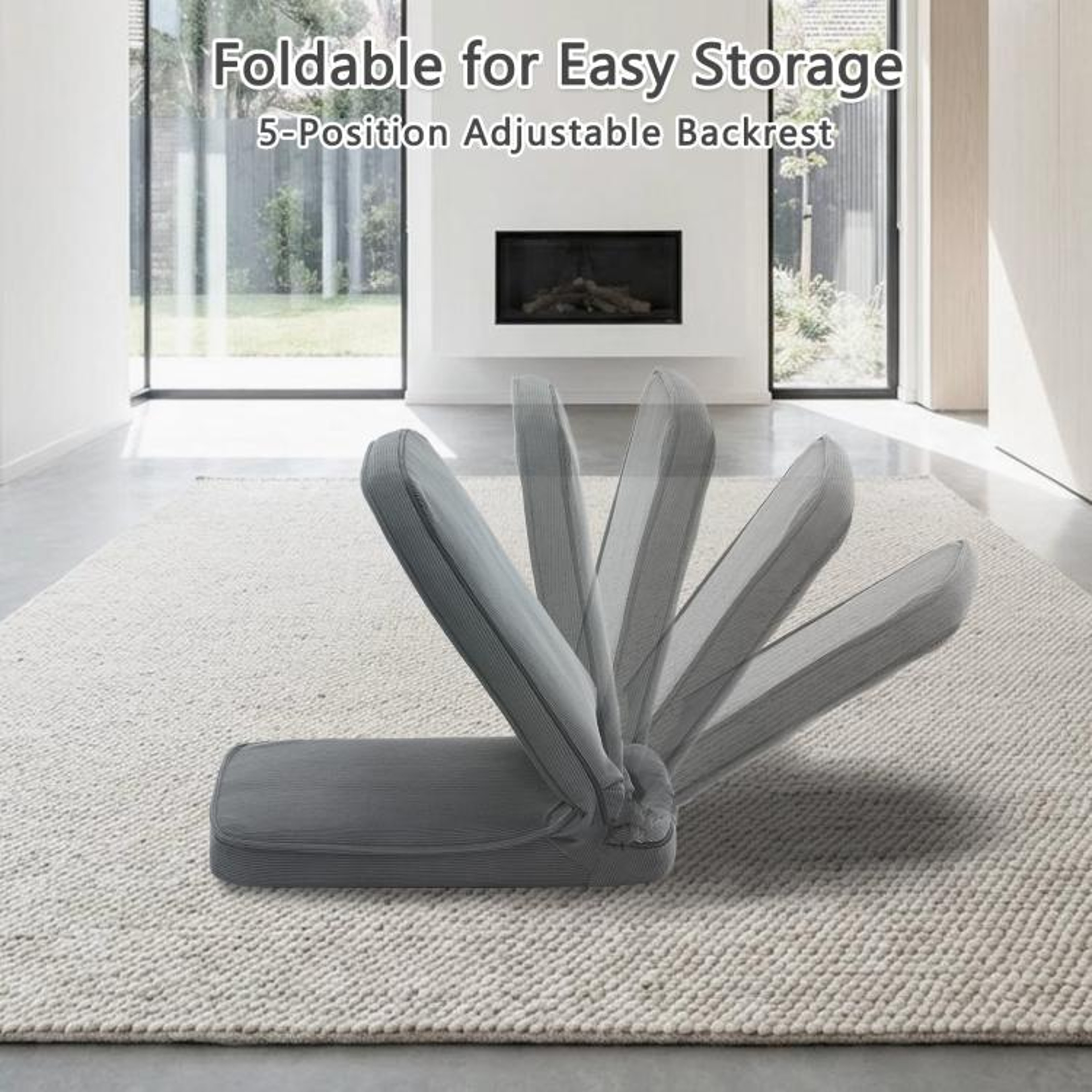 Adjustable Foldable Floor Chair With Padded Corduroy Back Support Gray 4