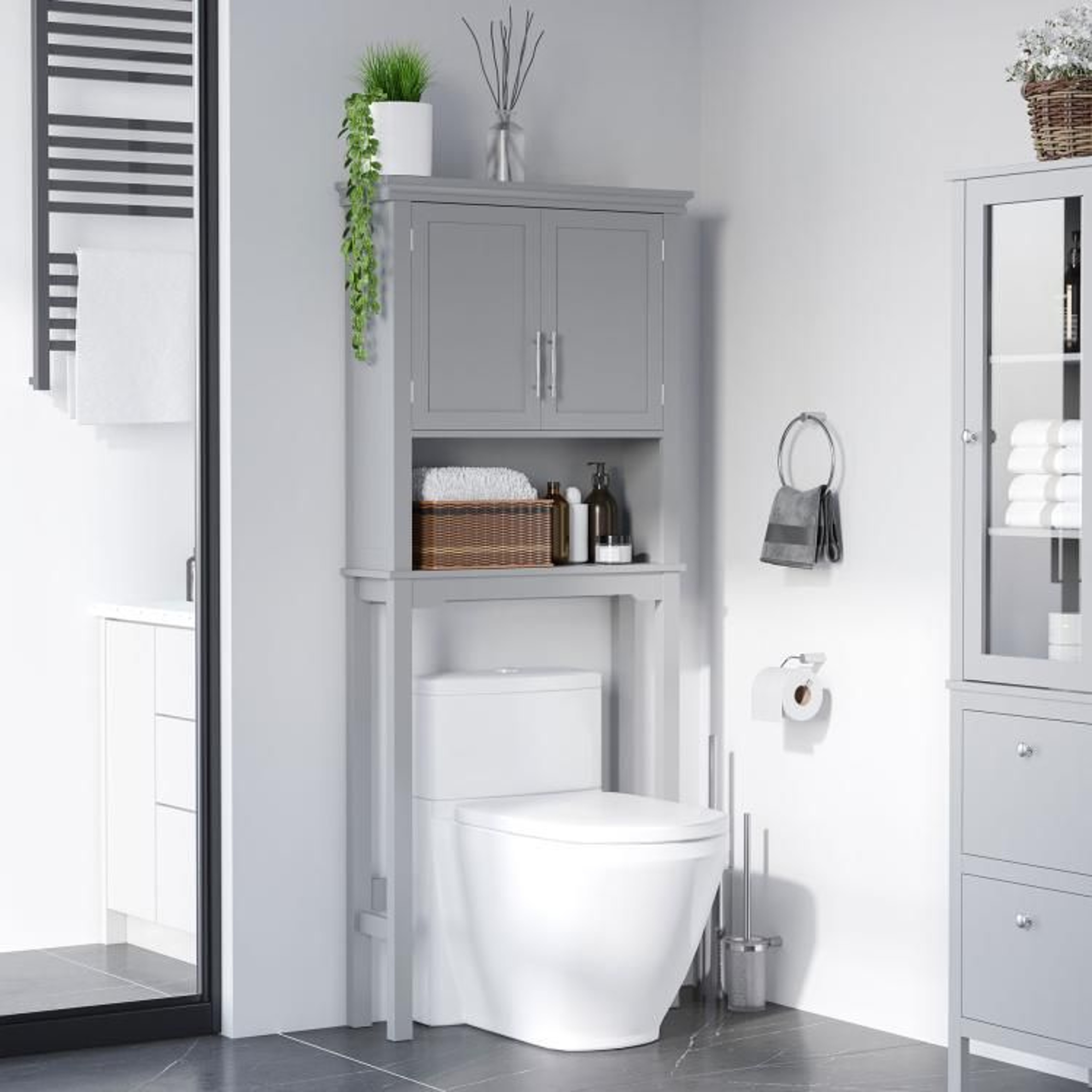 Over The Toilet Storage Cabinet With Adjustable Shelf  Double Doors  Gray 4