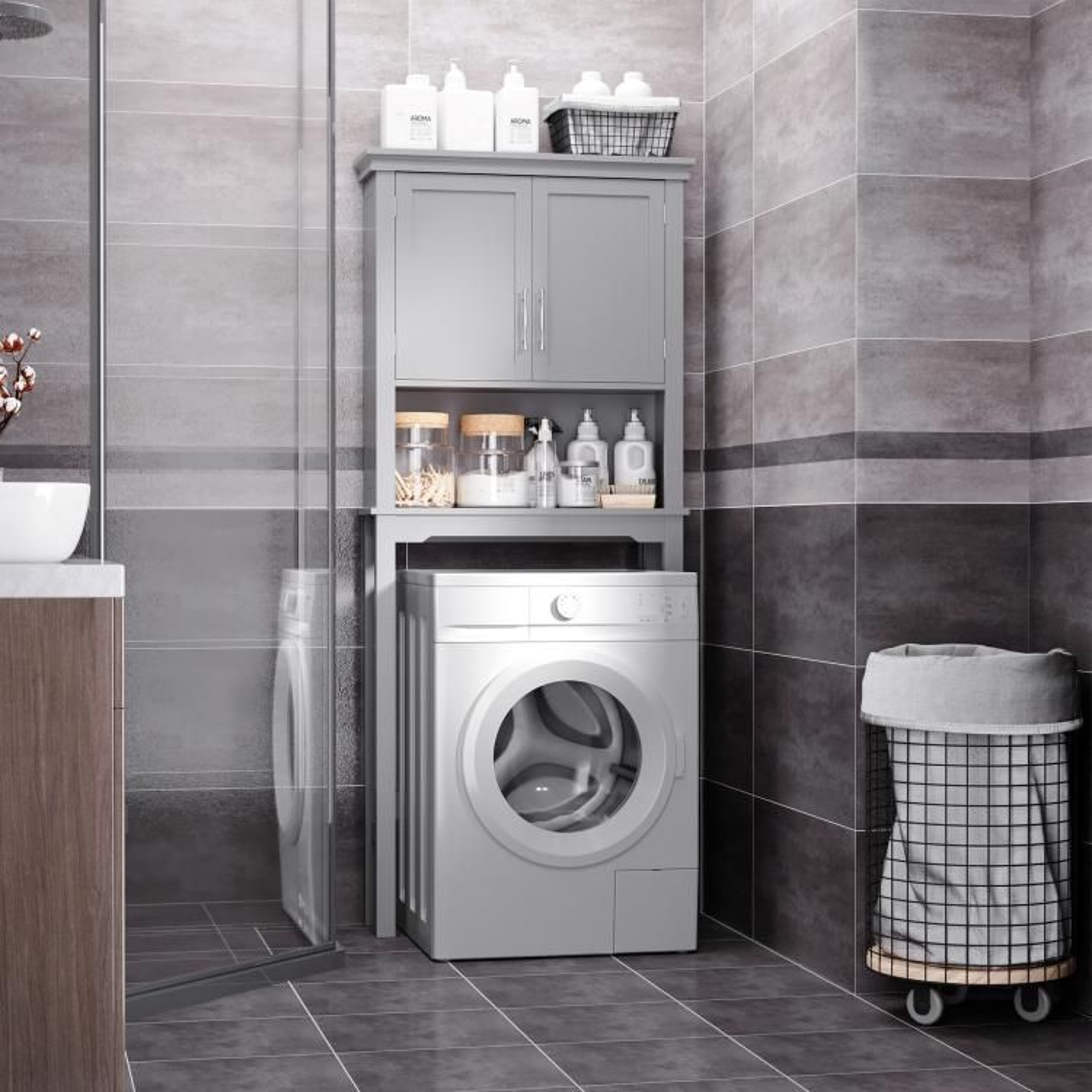 Over The Toilet Storage Cabinet With Adjustable Shelf  Double Doors  Gray 2