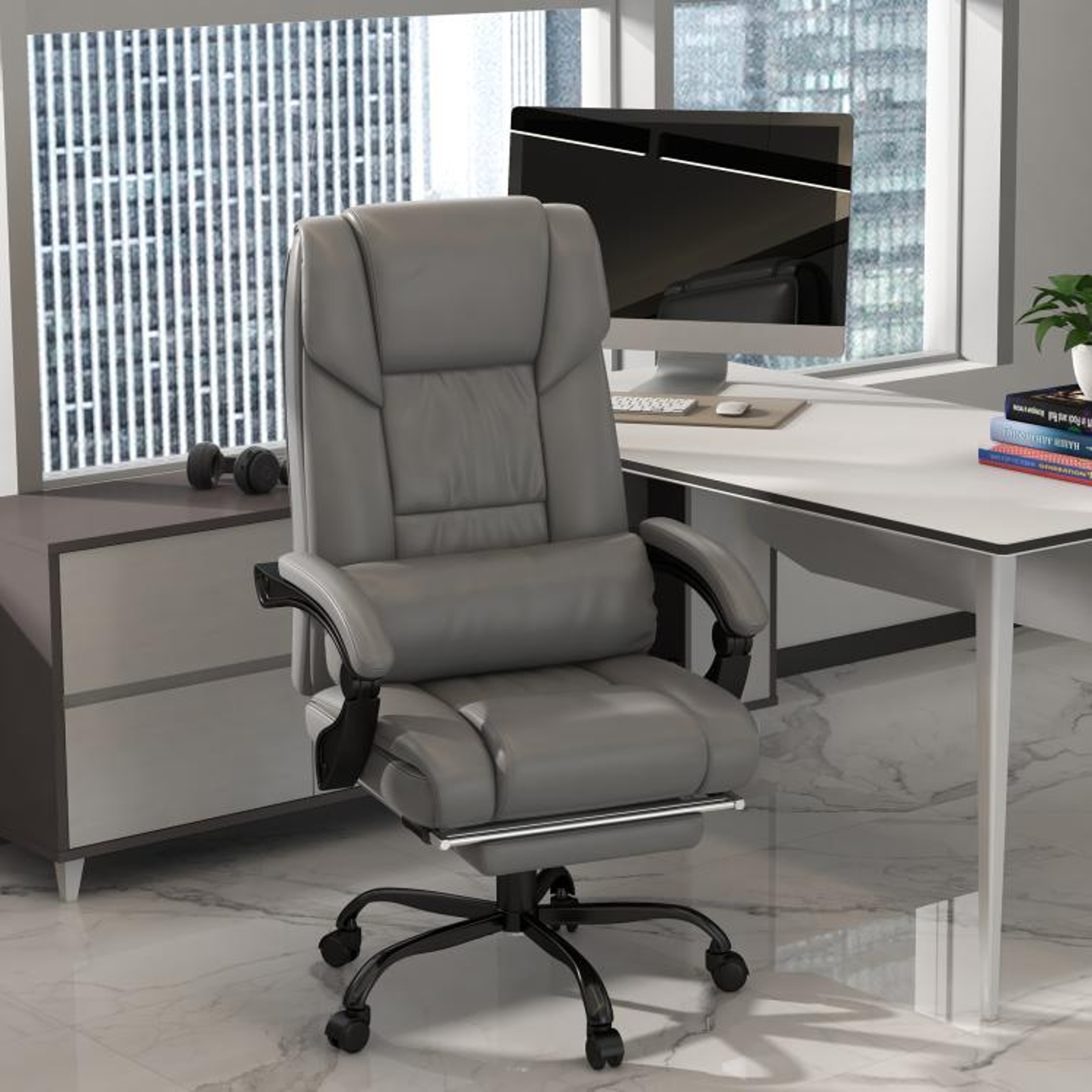 High Back Massage Office Chair With Reclining Backrest And Footrest Gray 3