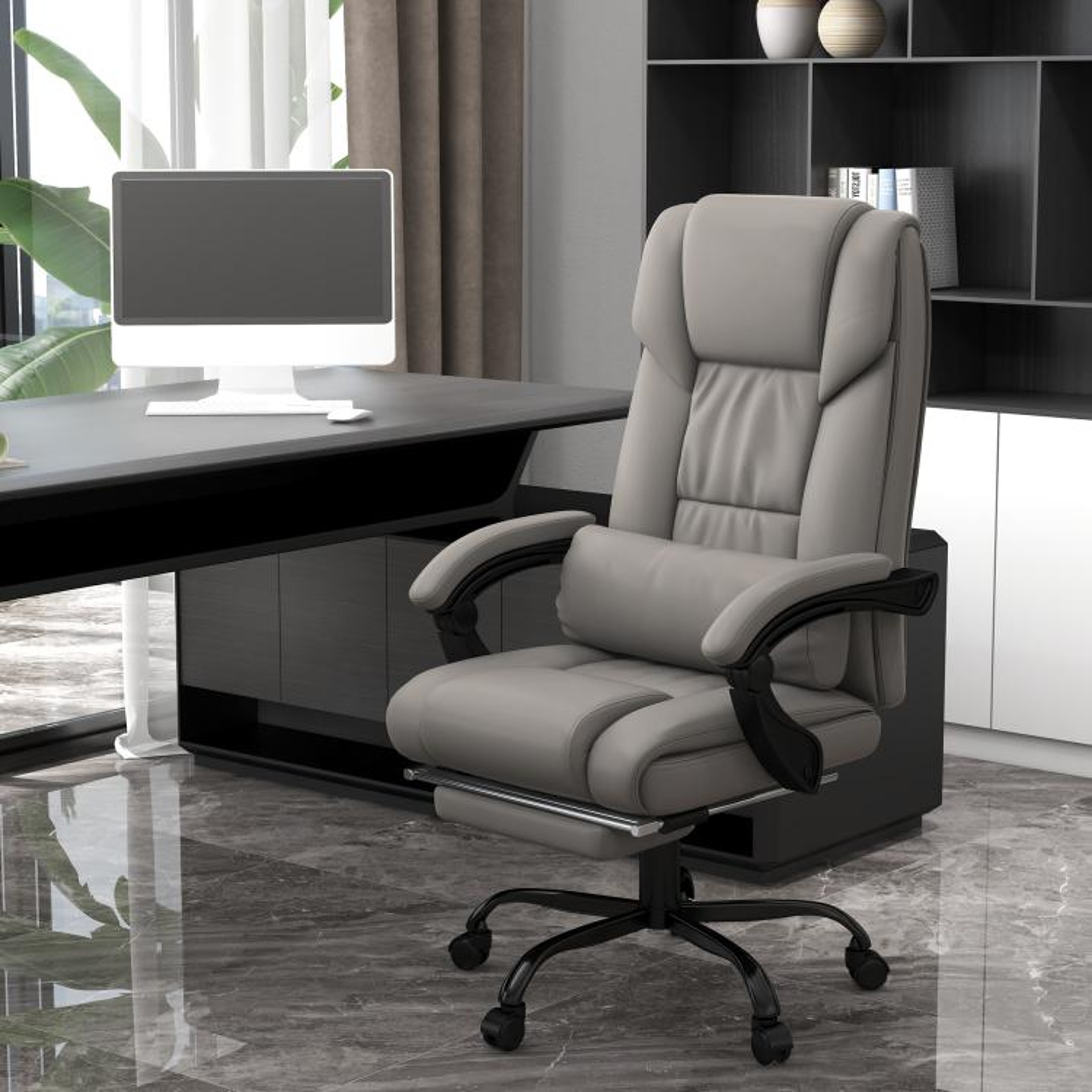 High Back Massage Office Chair With Reclining Backrest And Footrest Gray 2