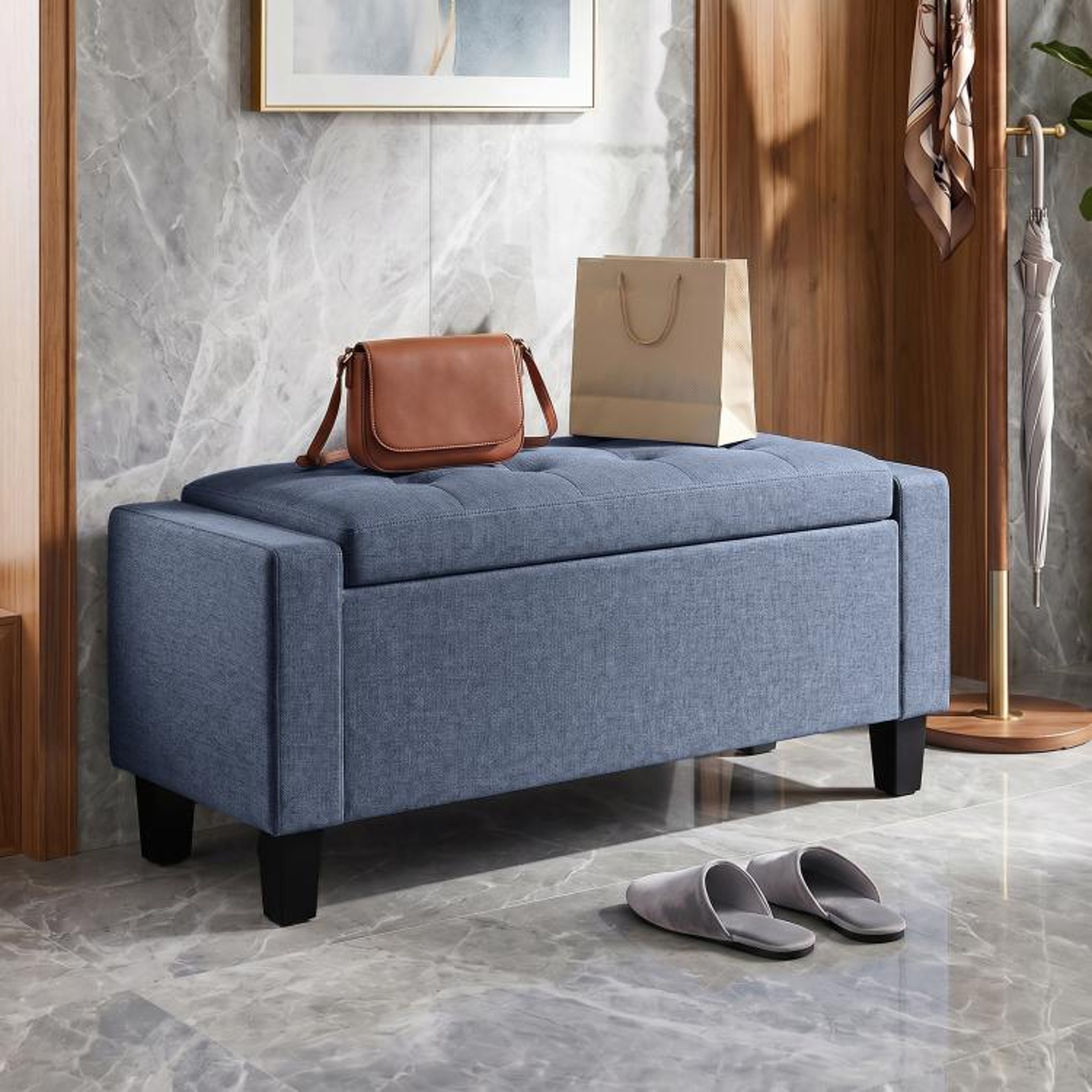 Dark Gray Storage Ottoman Bench With Tufted Armrests And Wooden Legs 3