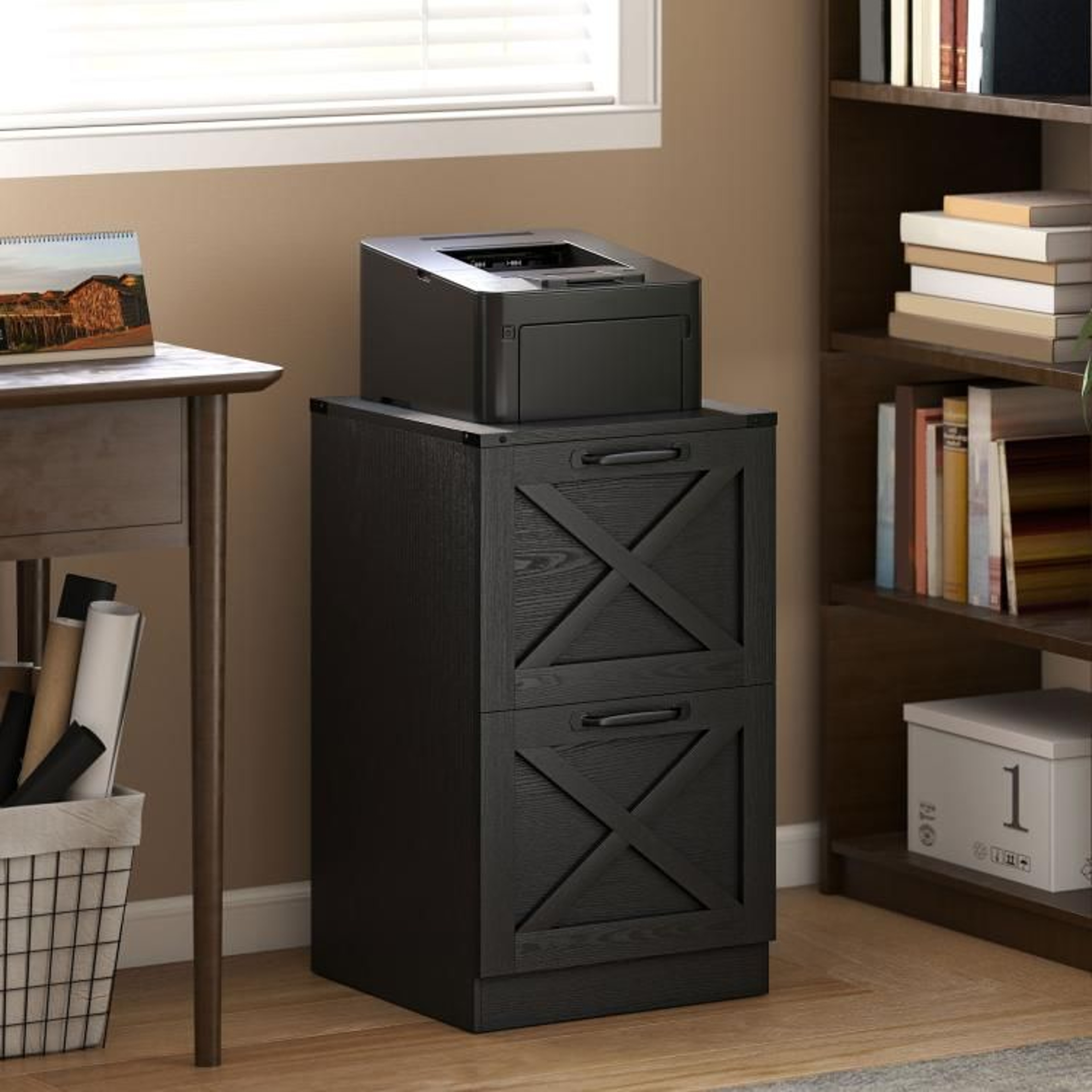 2Drawer Farmhouse File Cabinet With XPattern Design And Printer Stand 2