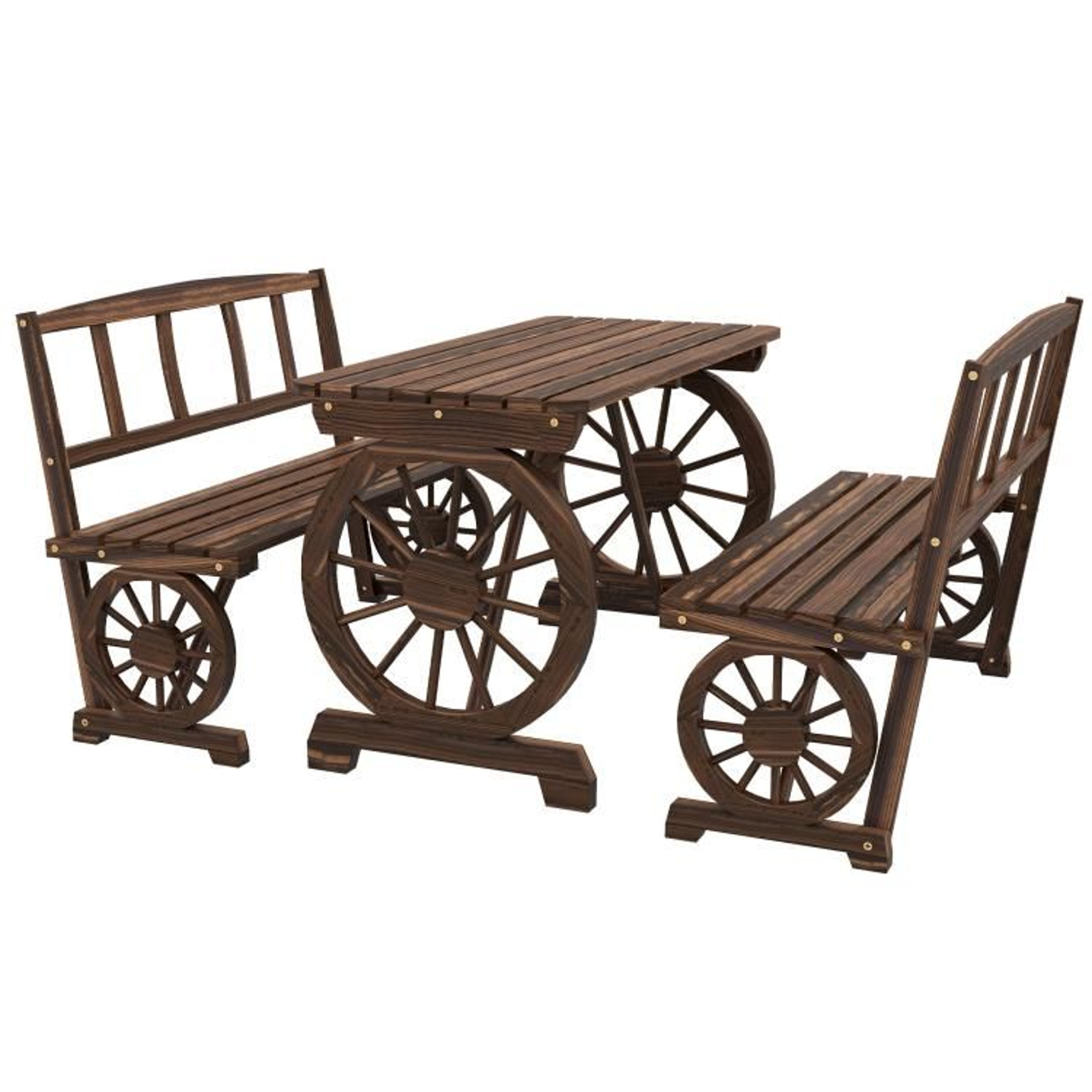 Rustic Wagon Wheel Patio Dining Set For 4 With Pine Wood Benches 3