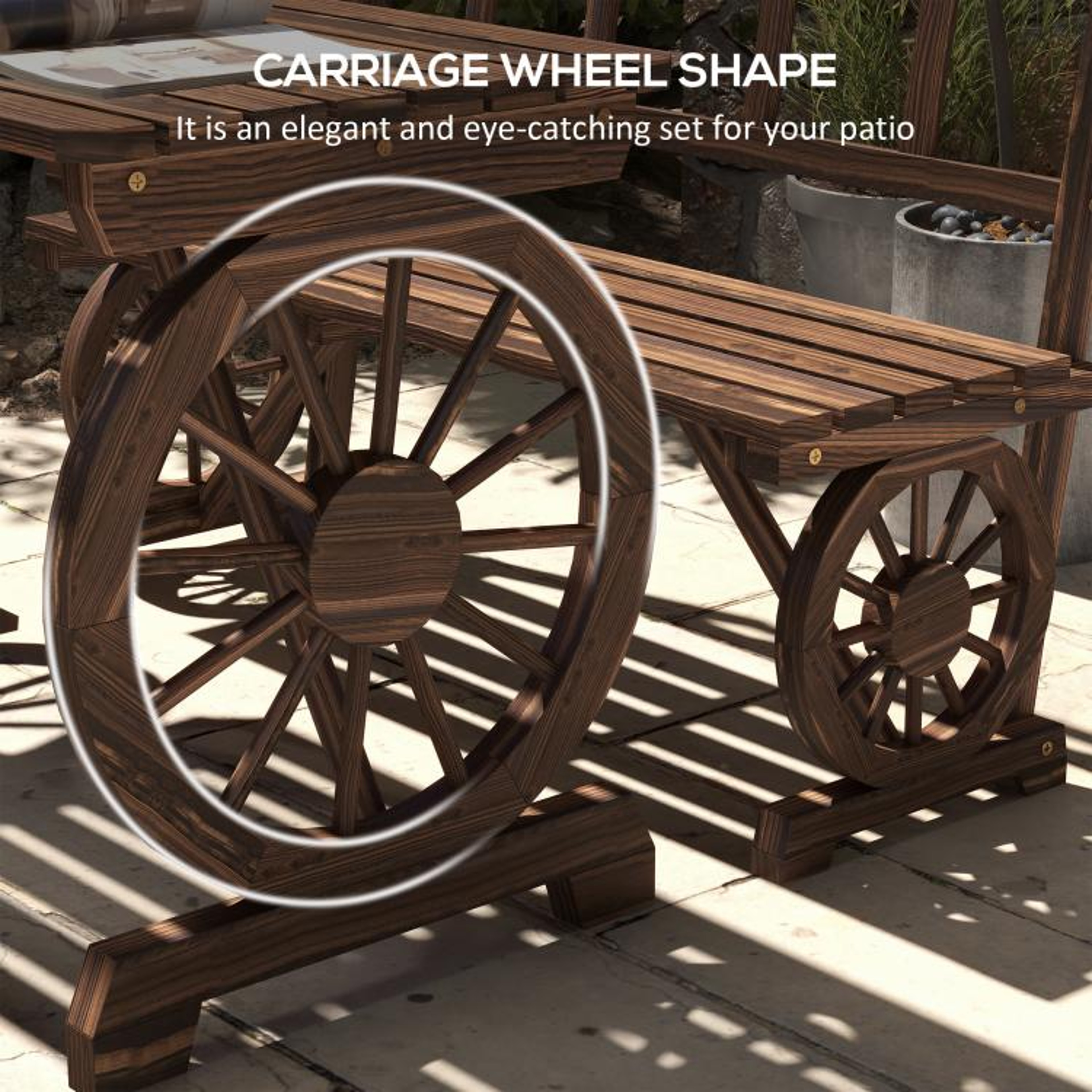 Rustic Wagon Wheel Patio Dining Set For 4 With Pine Wood Benches 5
