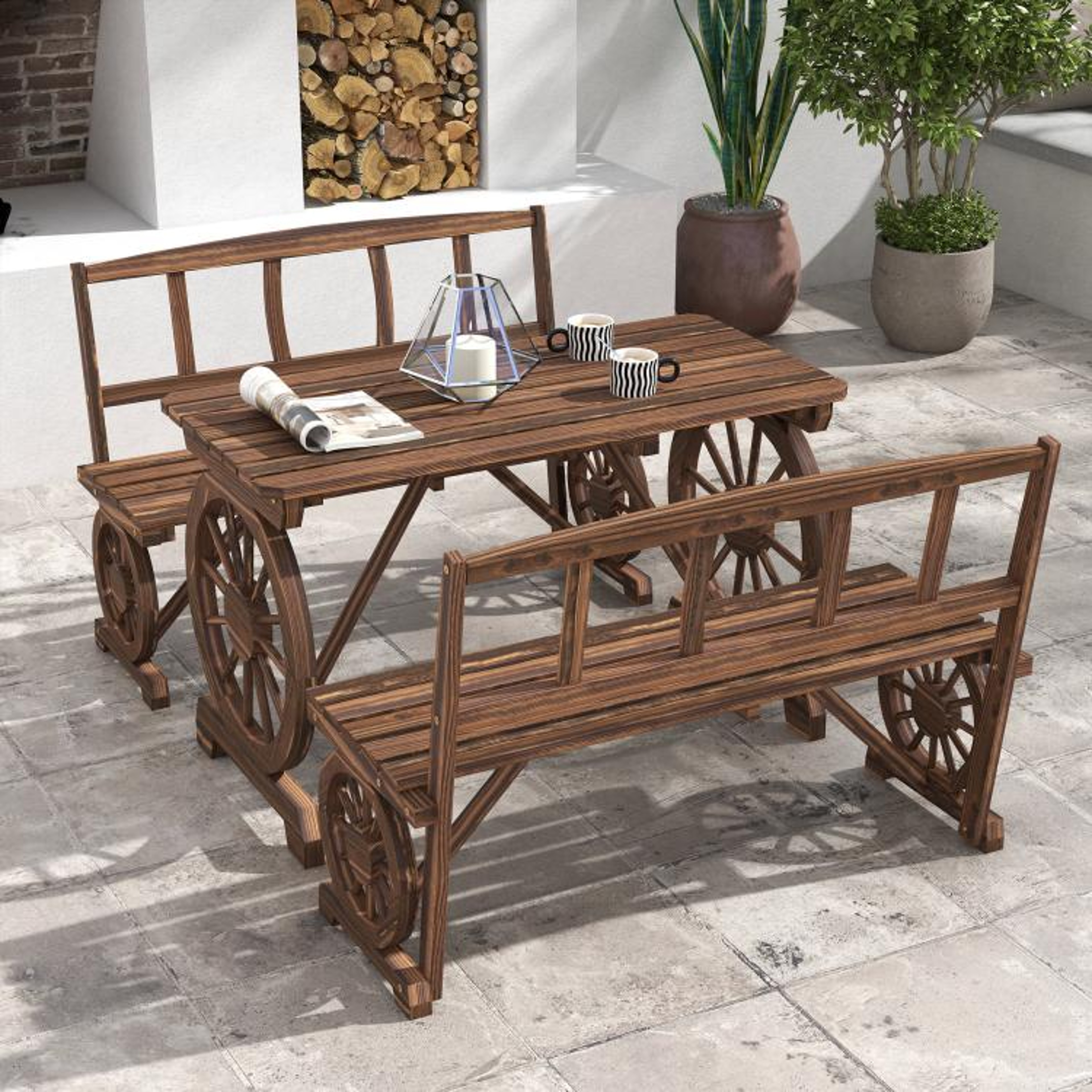 Rustic Wagon Wheel Patio Dining Set For 4 With Pine Wood Benches 2