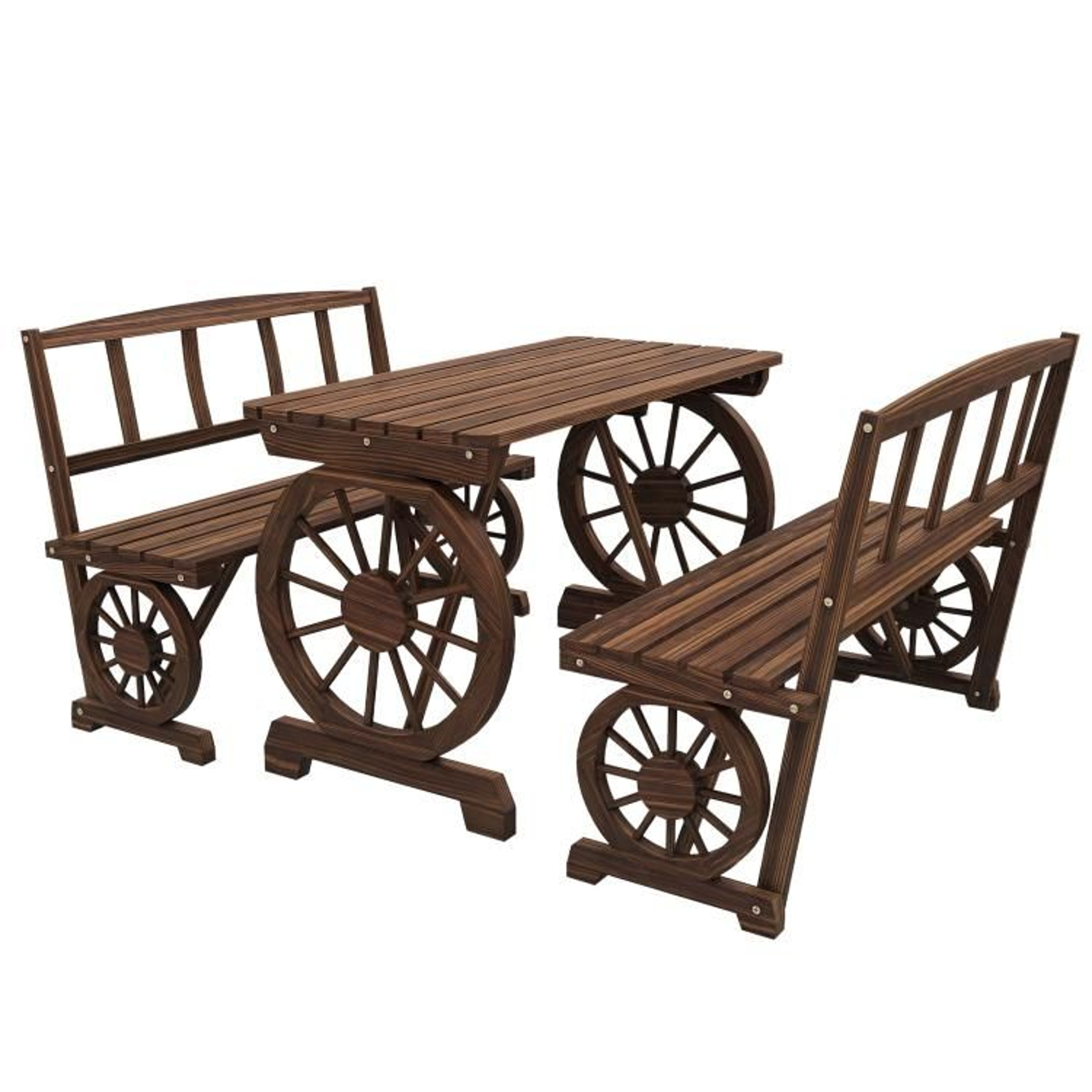 Rustic Wagon Wheel Patio Dining Set For 4 With Pine Wood Benches 0
