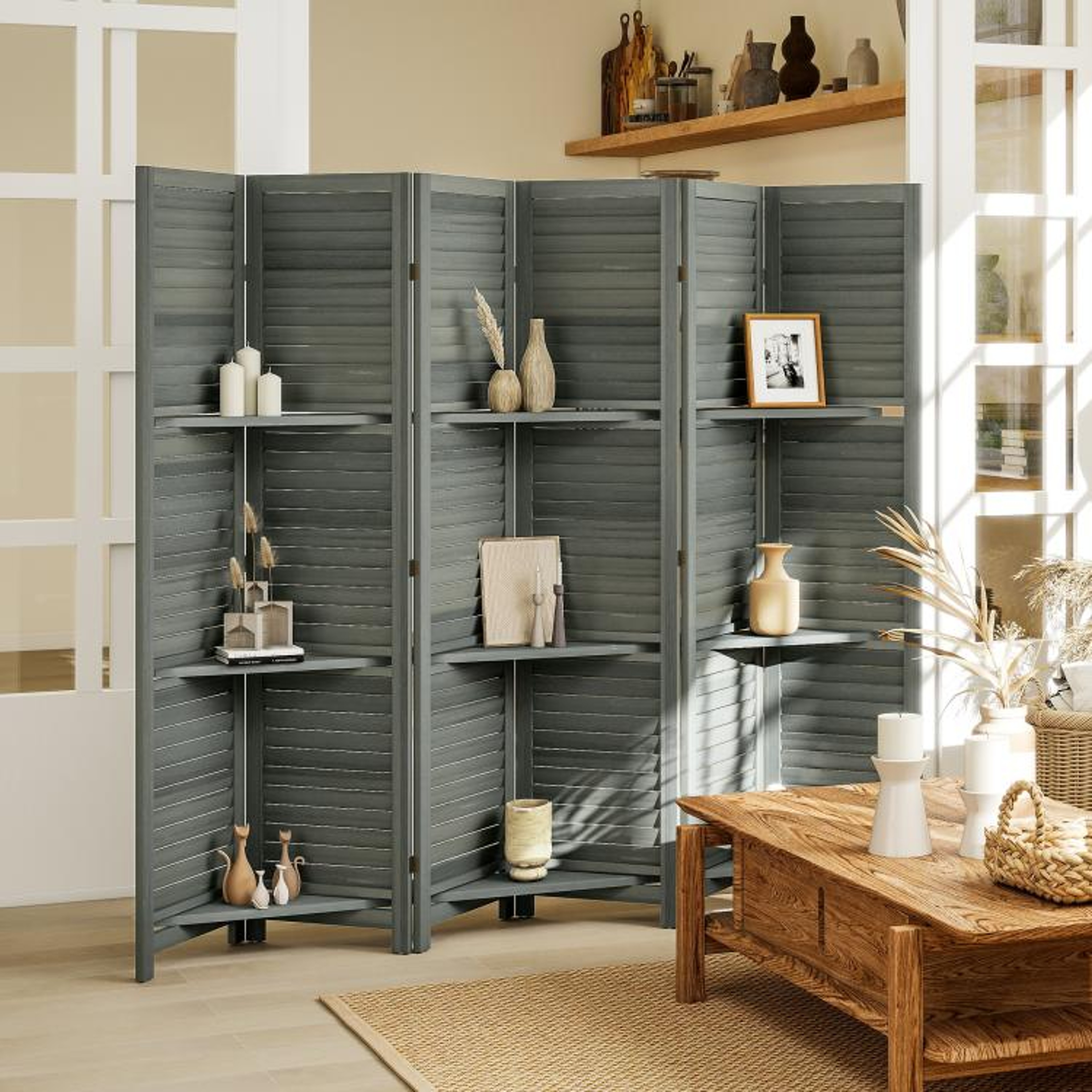 6Panel Wood Room Divider With 3 Removable Shelves   Gray Privacy Screen 2
