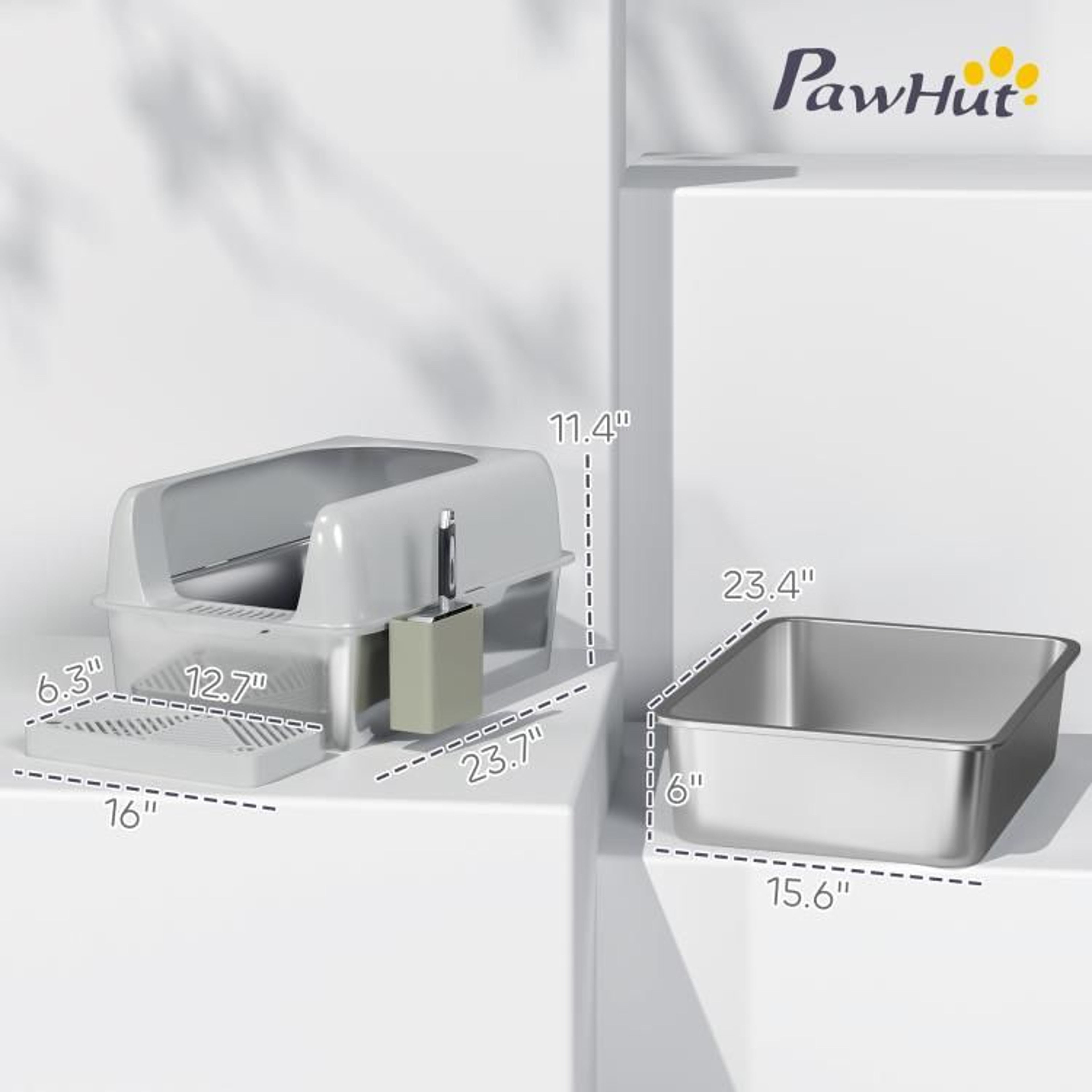 High Sided Stainless Steel Cat Litter Box With Scoop And Holder  Light Gray 5
