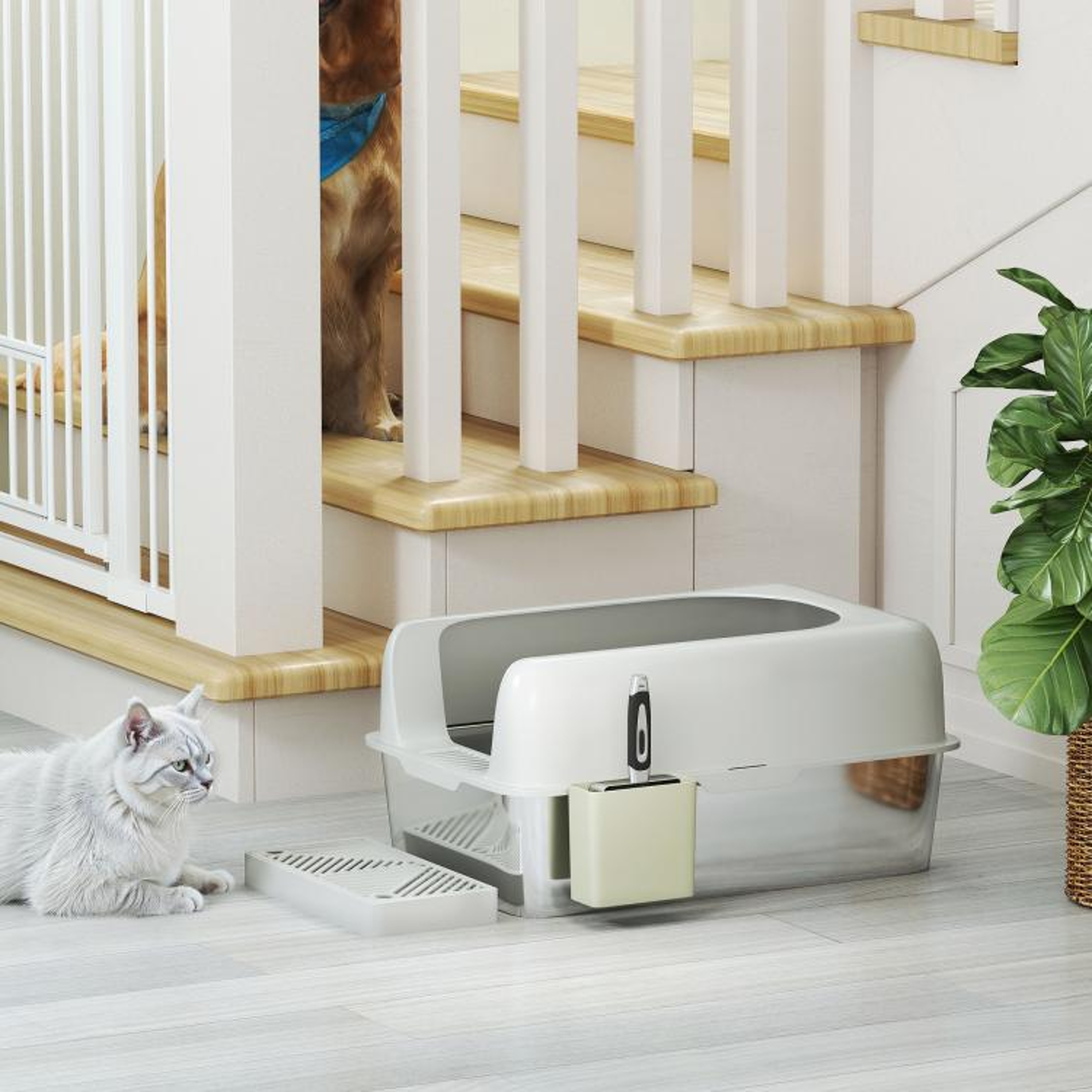 High Sided Stainless Steel Cat Litter Box With Scoop And Holder  Light Gray 3