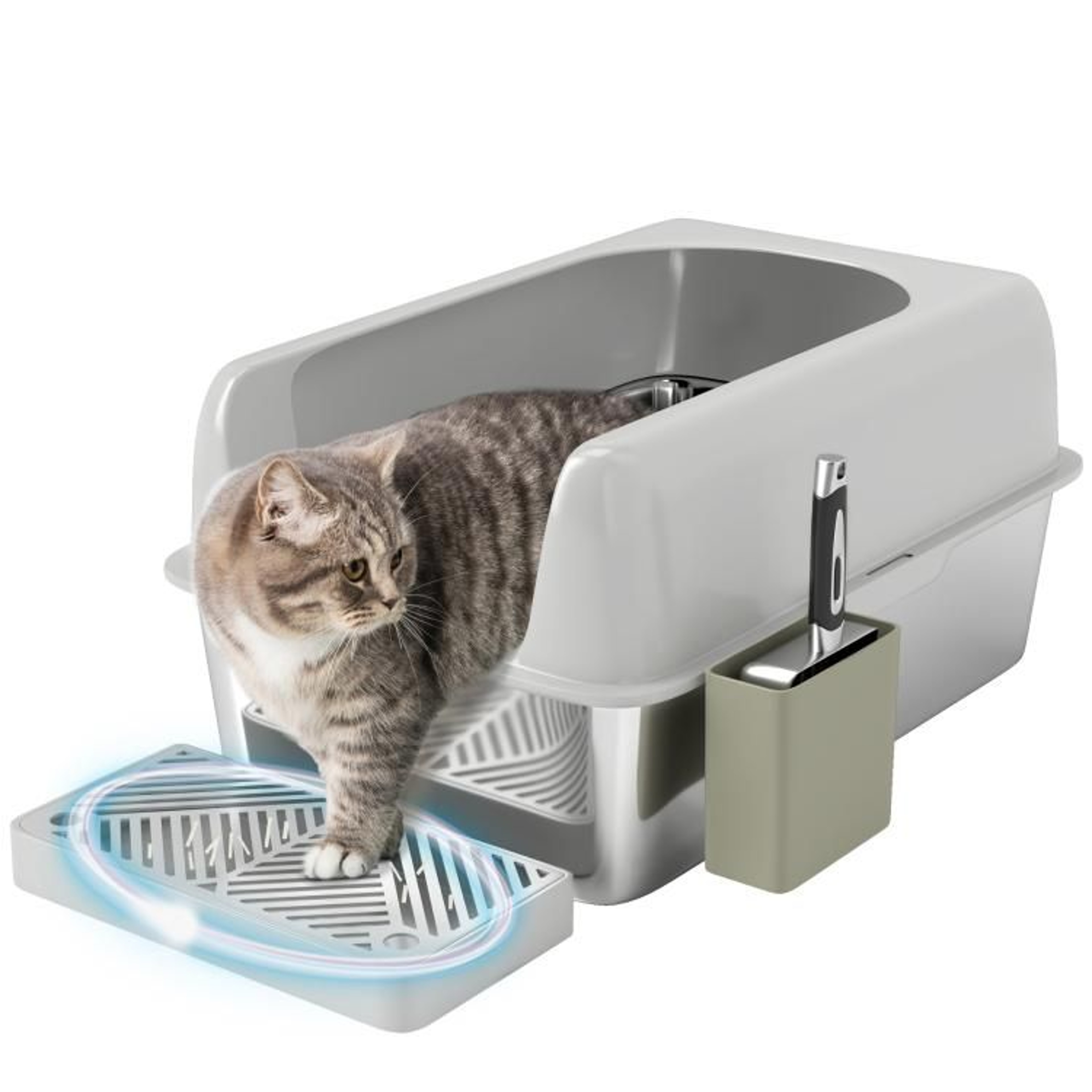 High Sided Stainless Steel Cat Litter Box With Scoop And Holder  Light Gray 0