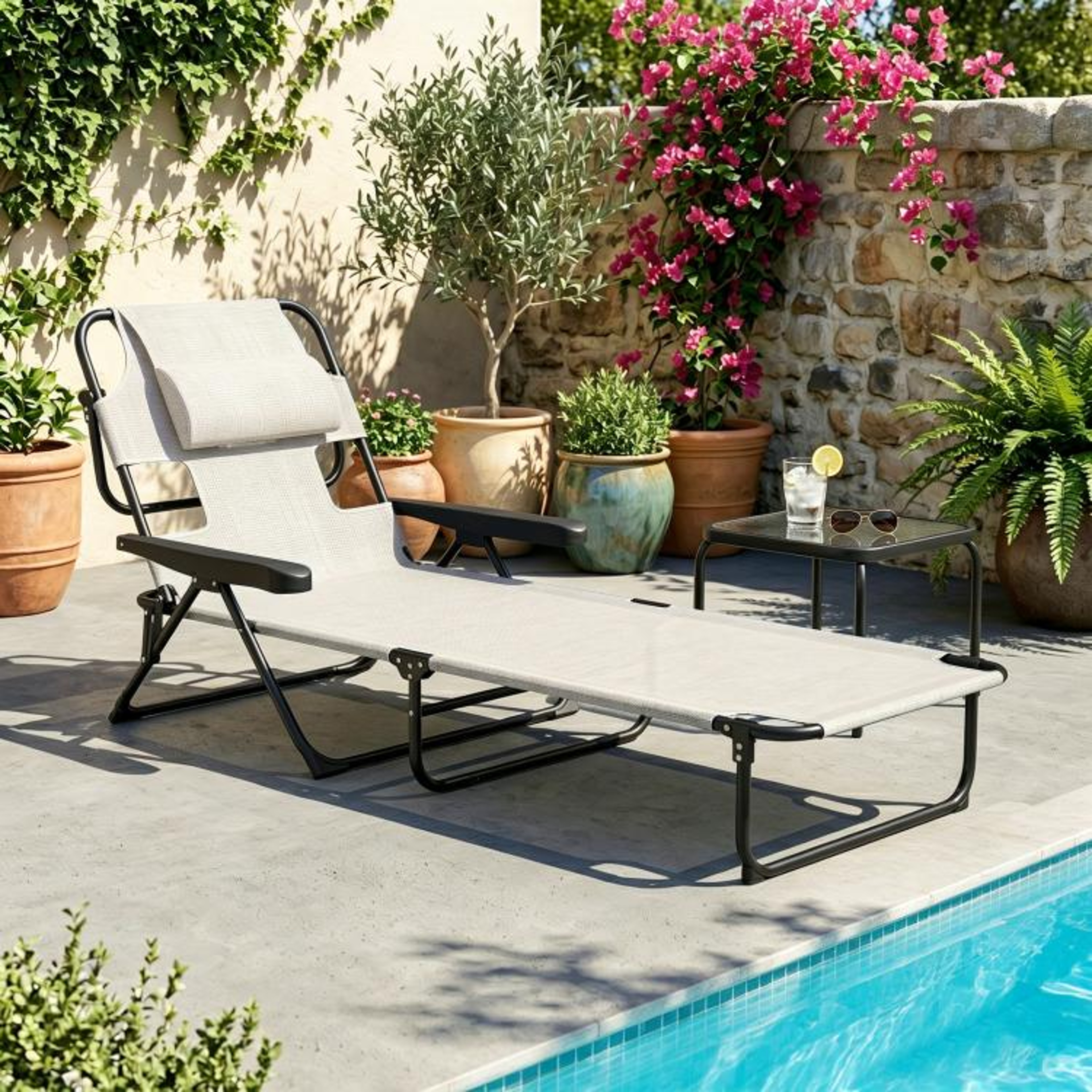 Folding Lounge Chair With 4Position Reclining Back And Face Hole  Cream White 3