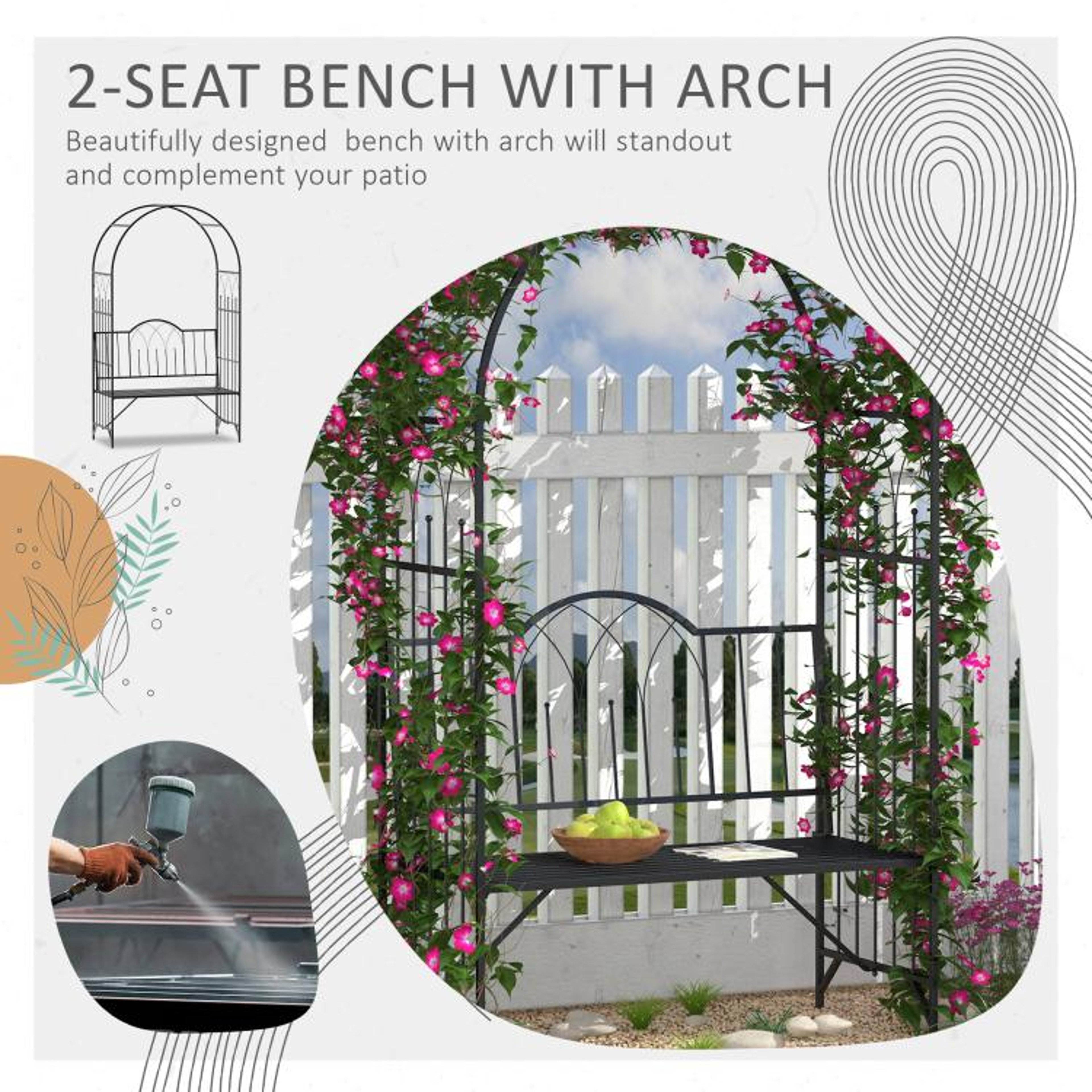 Metal Garden Arbor Arch With Trellis And TwoPerson Bench  Black 5
