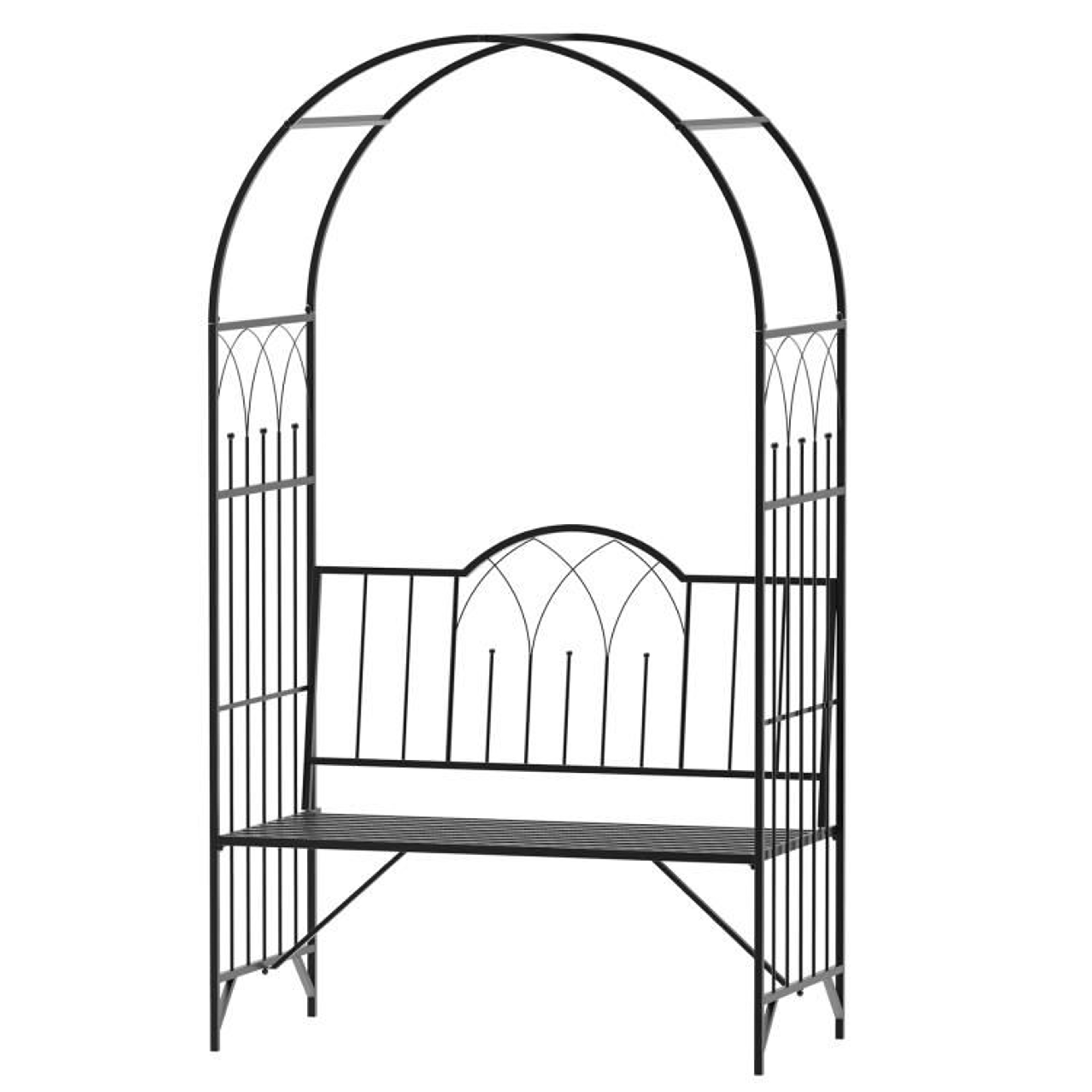 Metal Garden Arbor Arch With Trellis And TwoPerson Bench  Black 1
