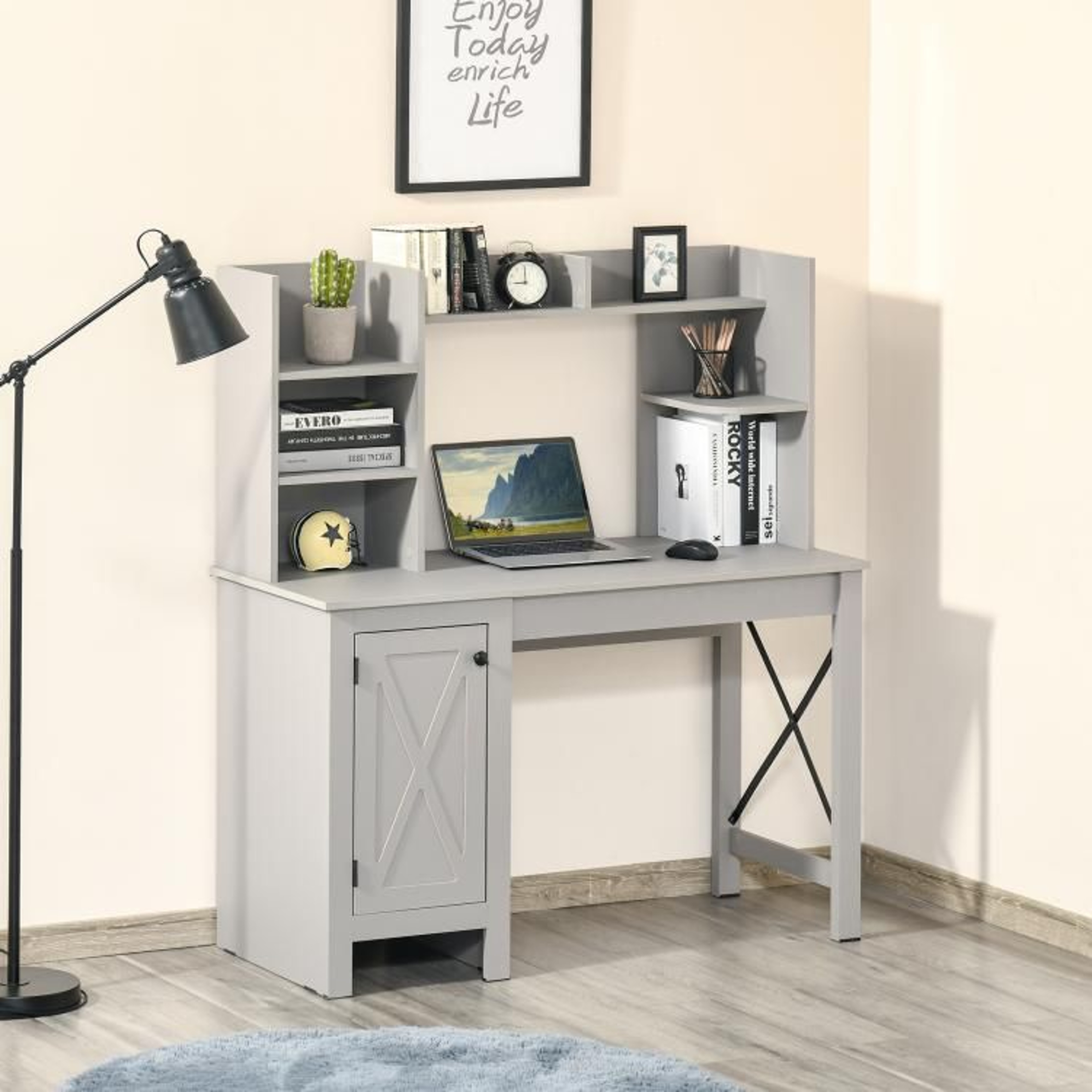 Farmhouse Computer Desk With Hutch And Storage Cabinet Light Grey 5