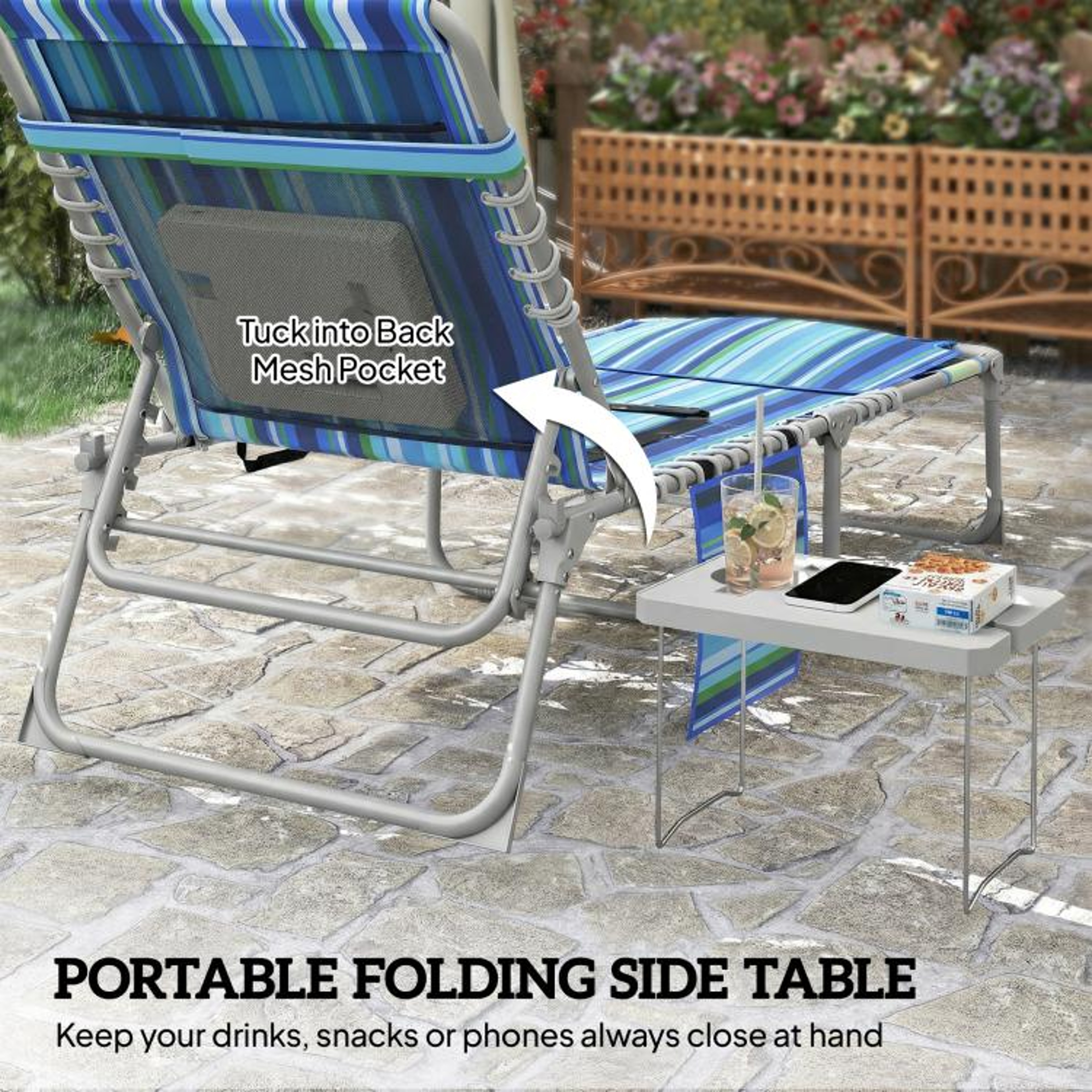 Set Of 2 Folding Tanning Lounge Chairs With Face Holes And Side Tables  Blue Stripe 5