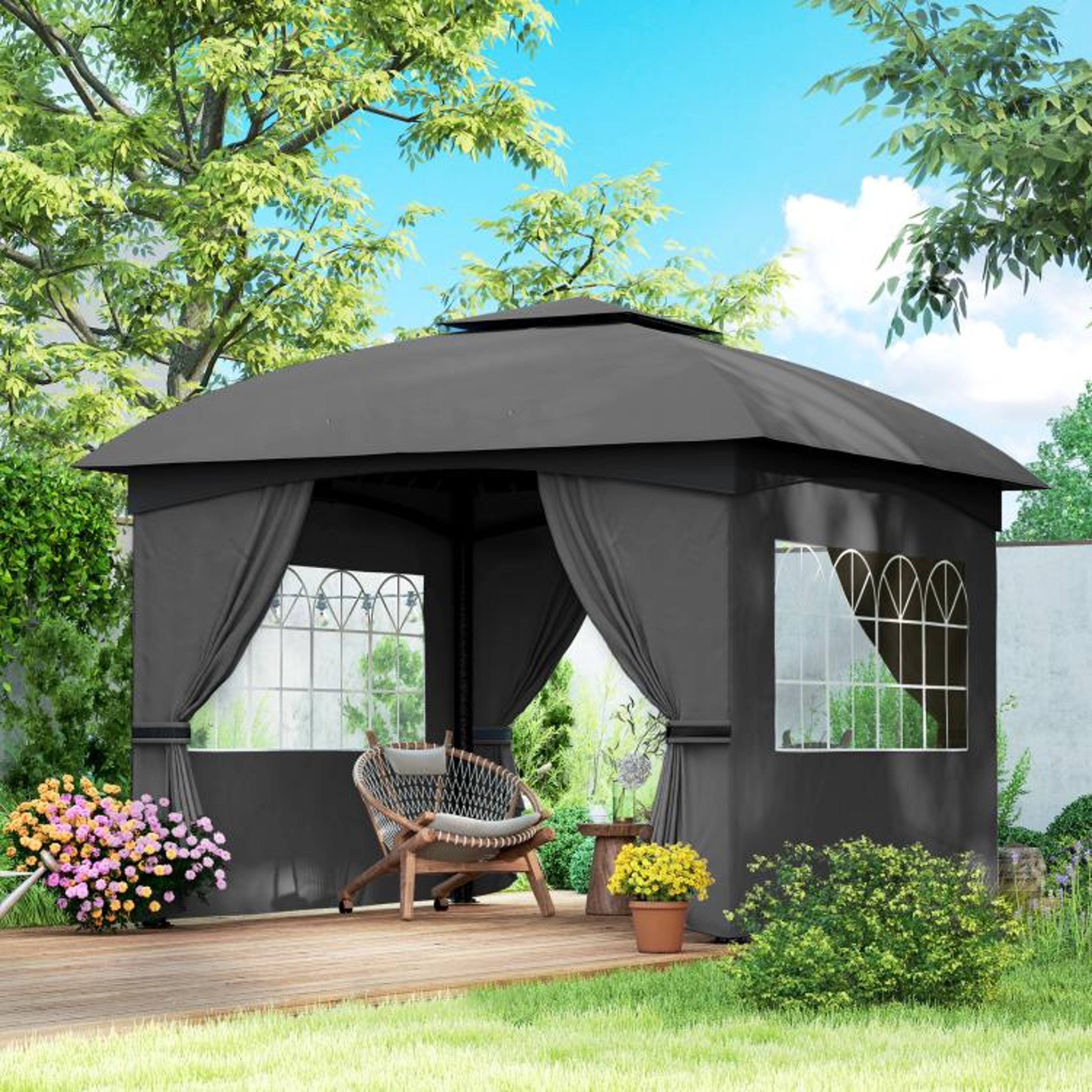 11 X 11 Ft Outdoor Patio Gazebo With Double Roof And Curtains  Dark Gray 3
