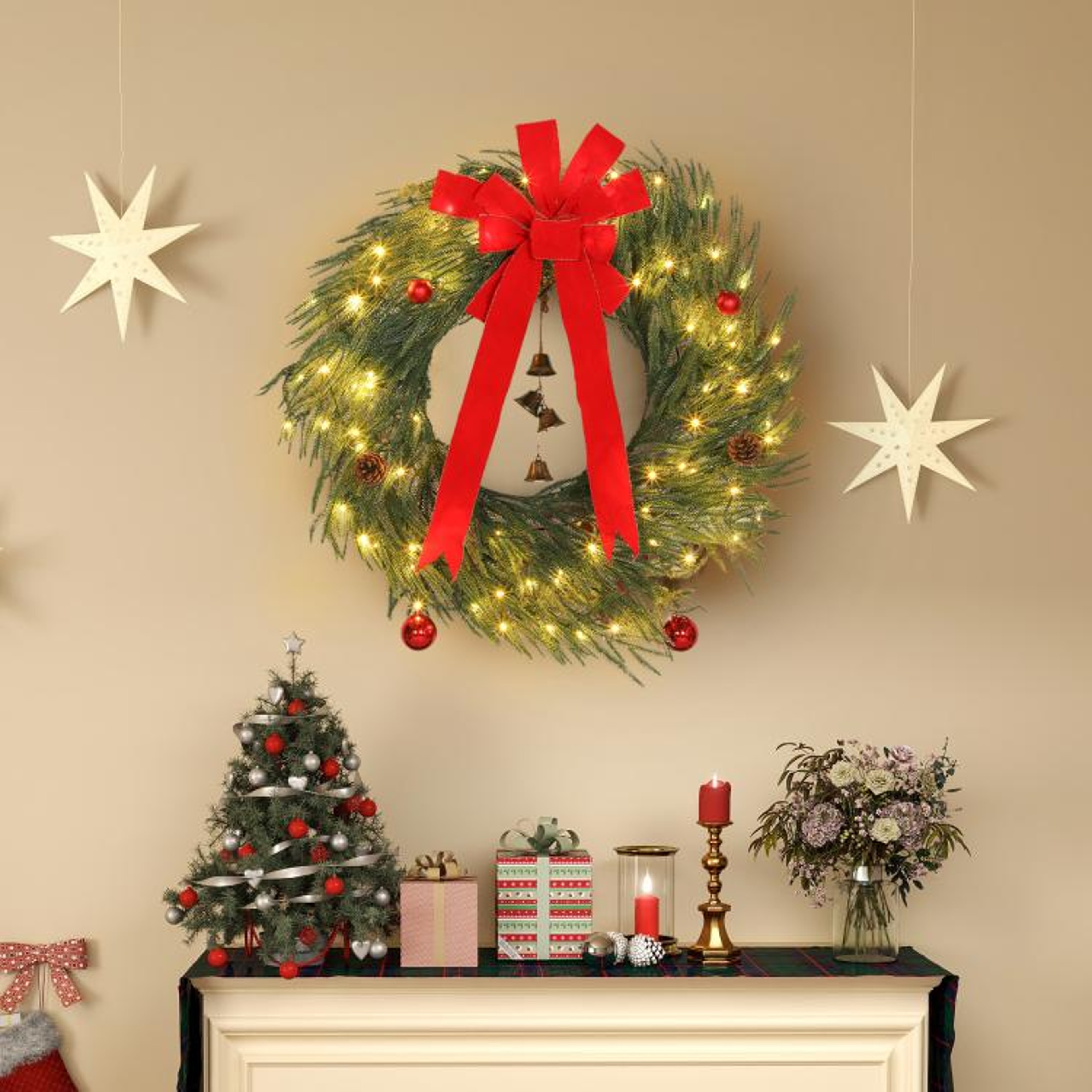 36 Inch Prelit Christmas Wreath With 100 Warm White LED Lights And Red Bow 3