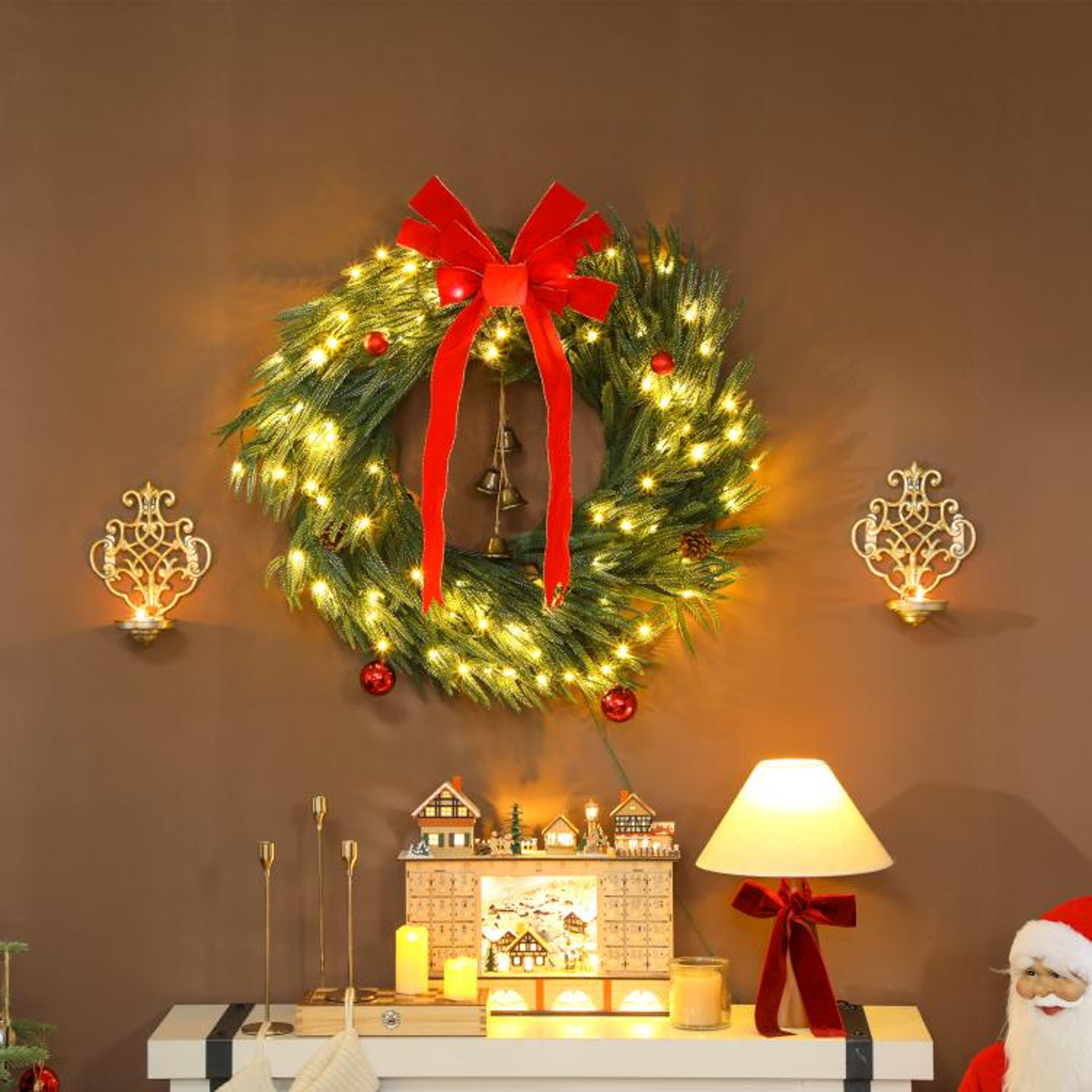 36 Inch Prelit Christmas Wreath With 100 Warm White LED Lights And Red Bow 2