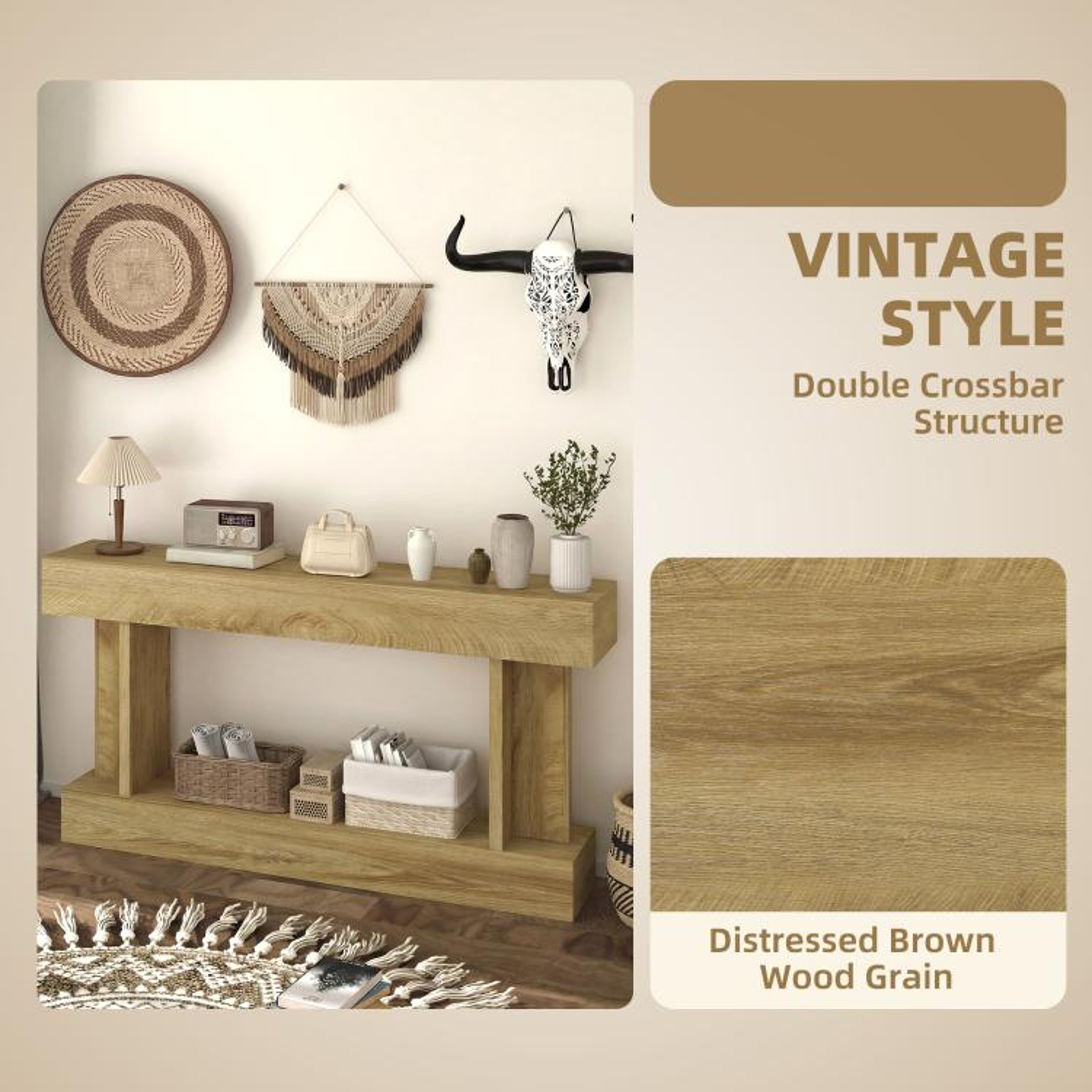 63 Inch Narrow Console Table With Storage Shelf In Vintage Oak Finish 5