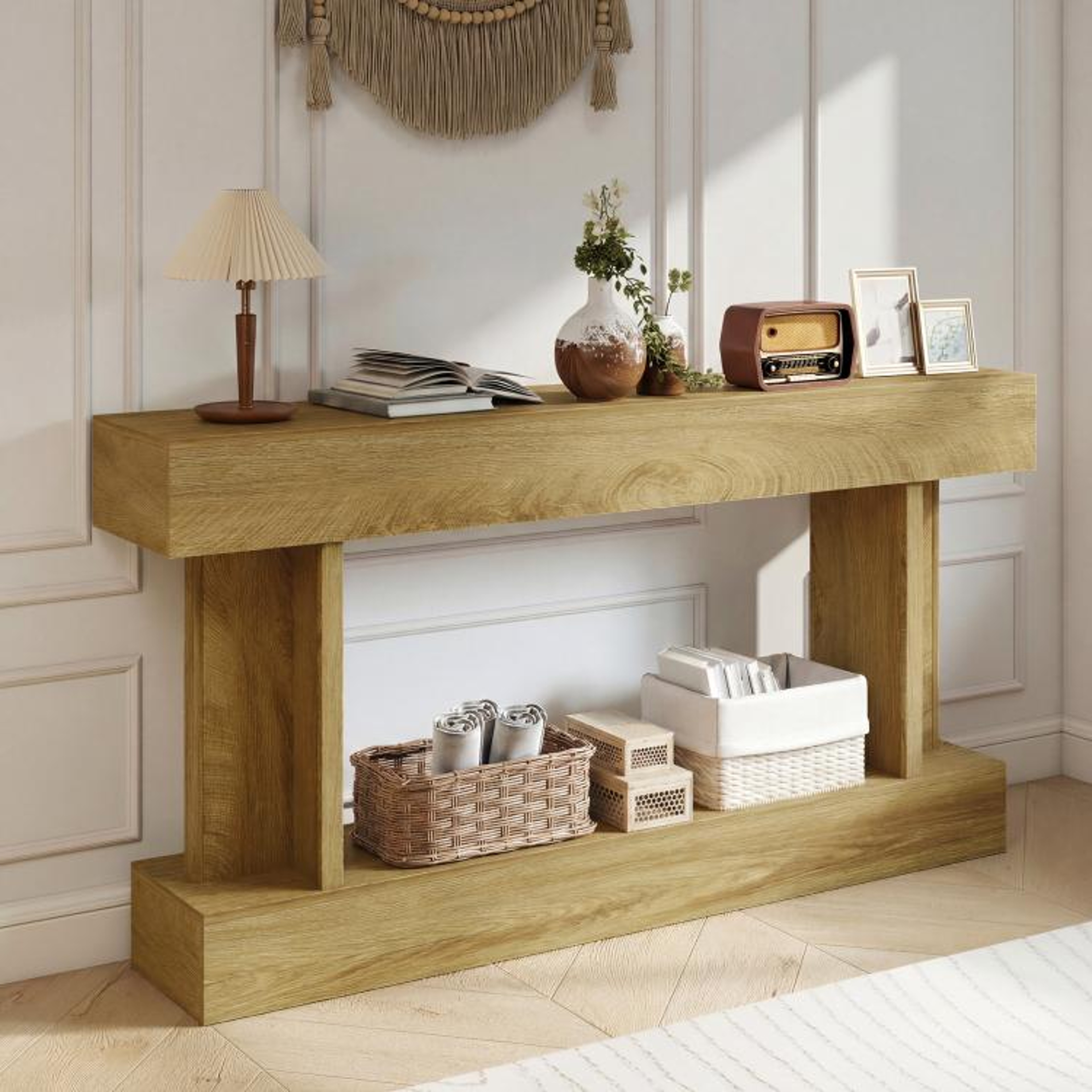 63 Inch Narrow Console Table With Storage Shelf In Vintage Oak Finish 2