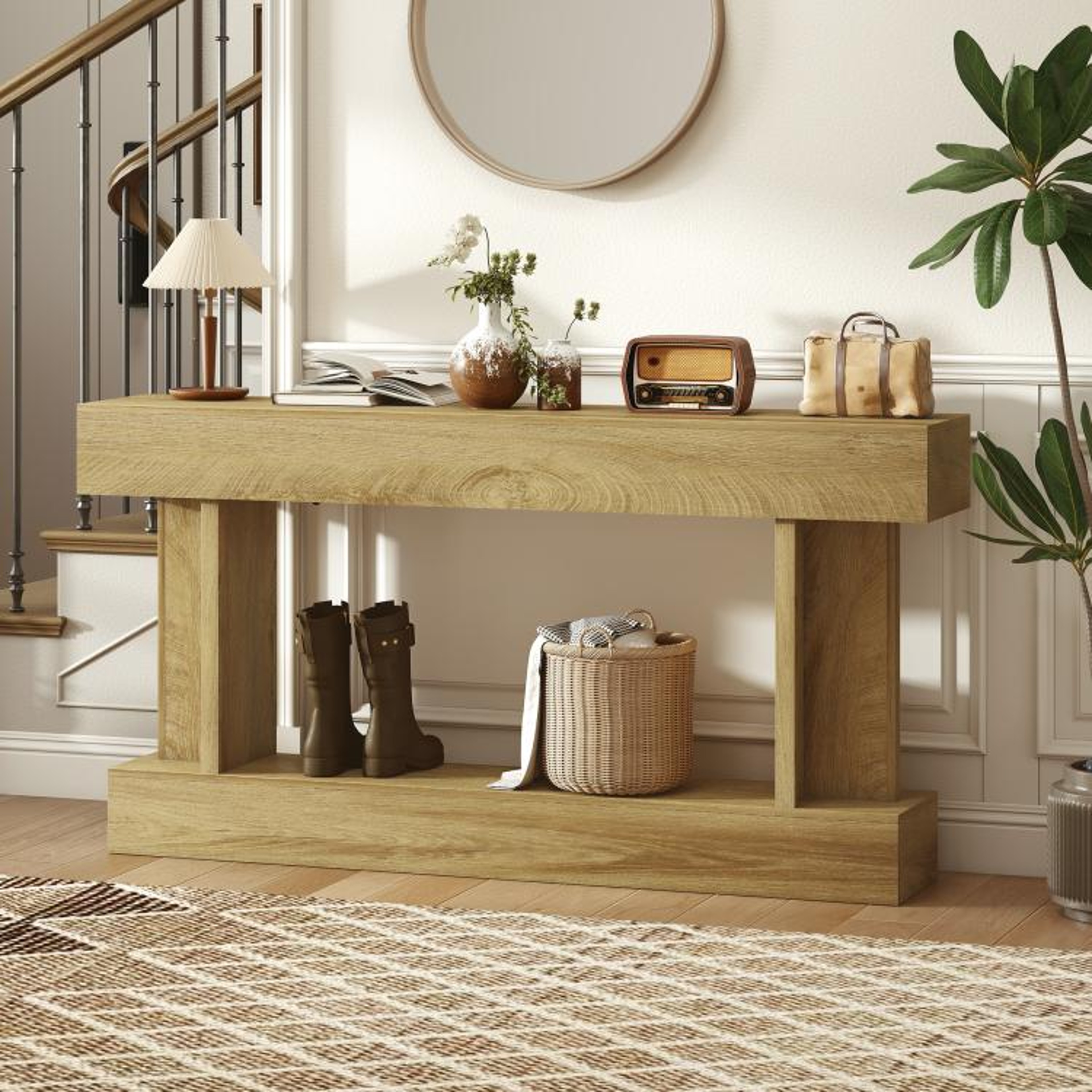 63 Inch Narrow Console Table With Storage Shelf In Vintage Oak Finish 0