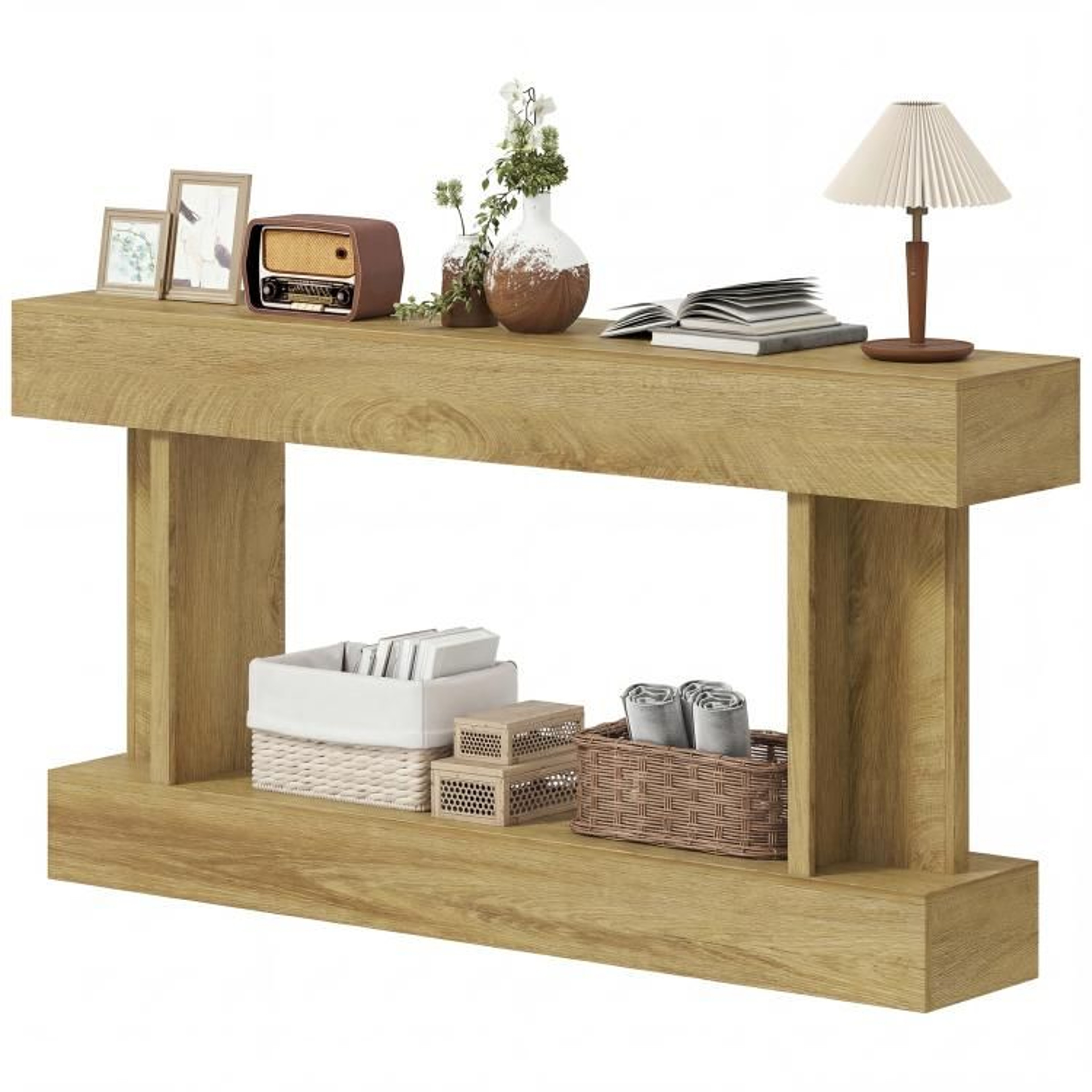 63 Inch Narrow Console Table With Storage Shelf In Vintage Oak Finish 3