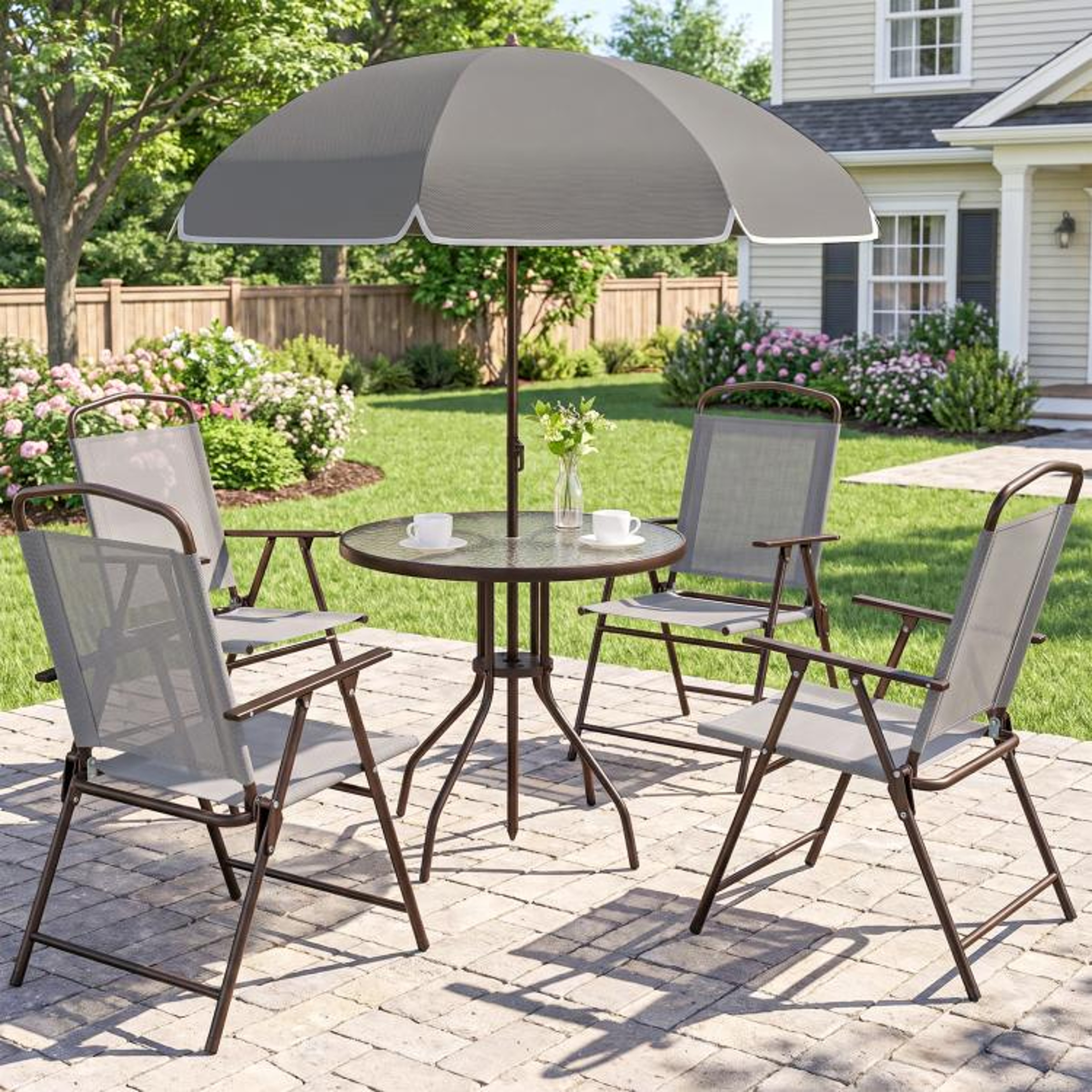 Patio Dining Set For 4 With Umbrella And Folding Chairs  Gray 3